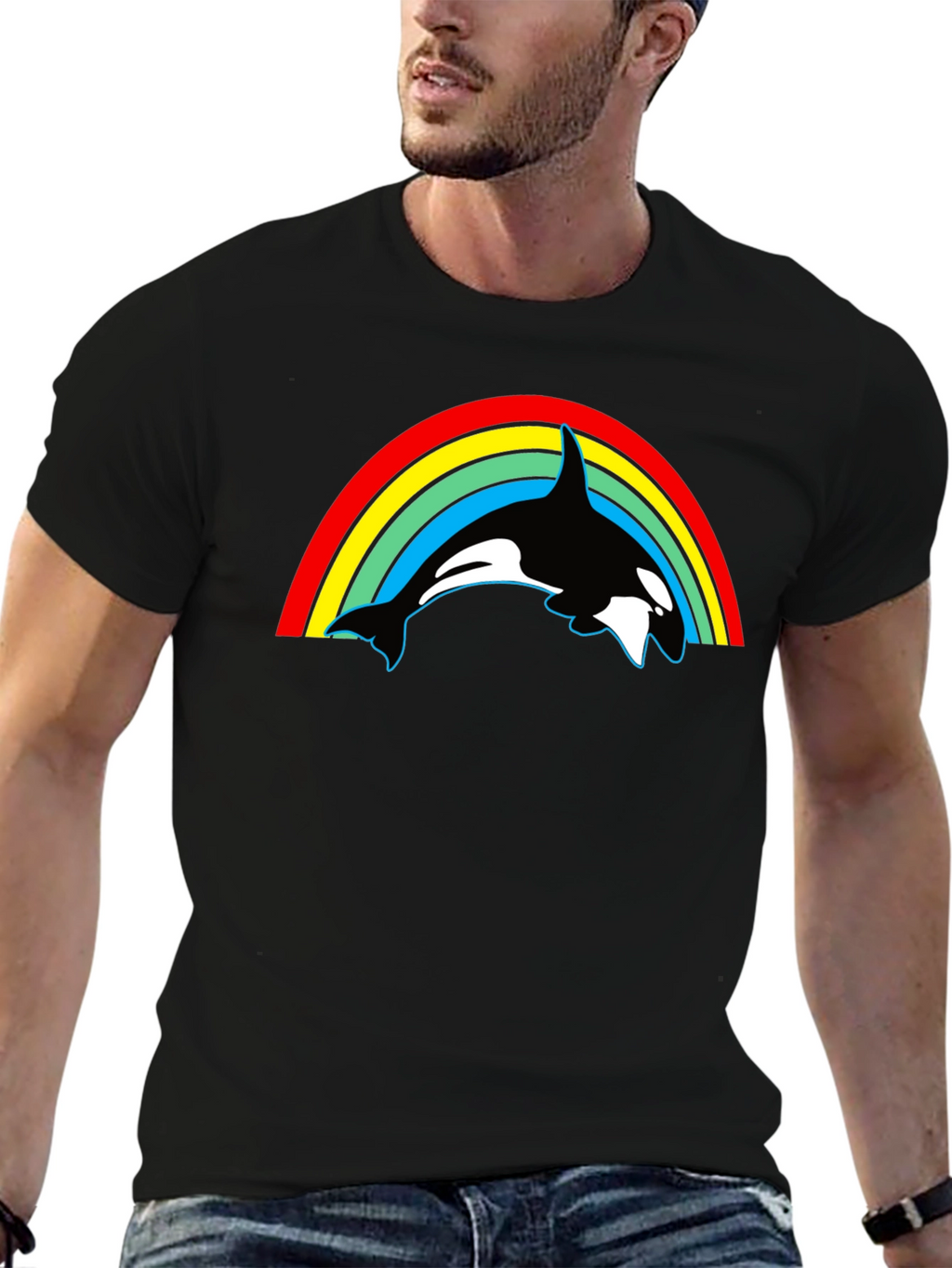 Orca Rainbow Graphic Tee - Black Cotton T-Shirt