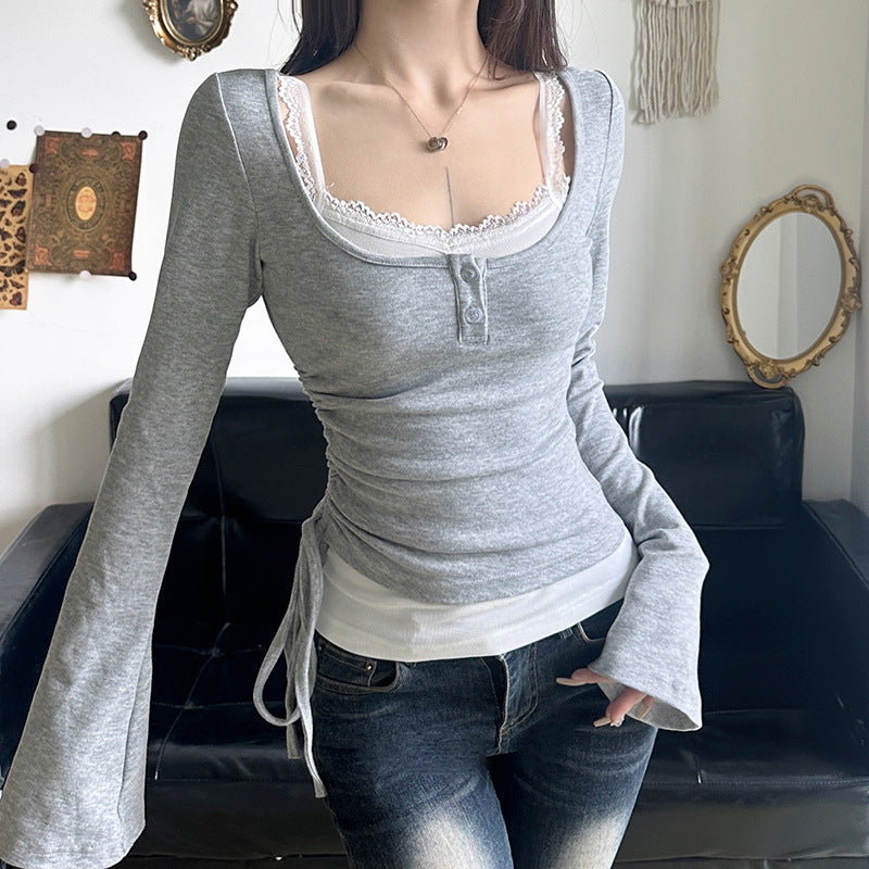 Drawstring pleat waist cinching slimming square collar two button contrasting color two-piece set long sleeved
