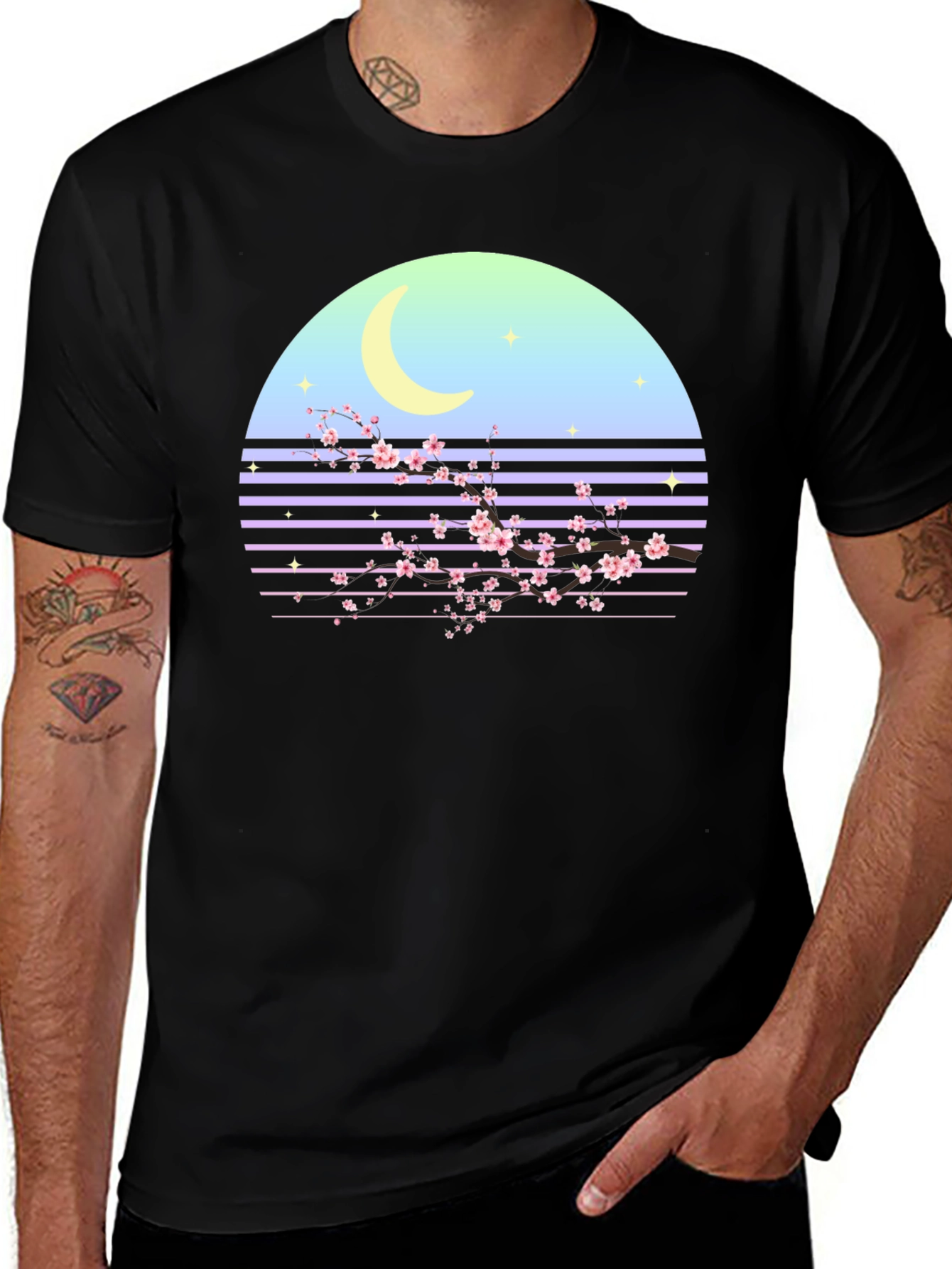 Retro Moon Cherry Blossom Graphic Tee