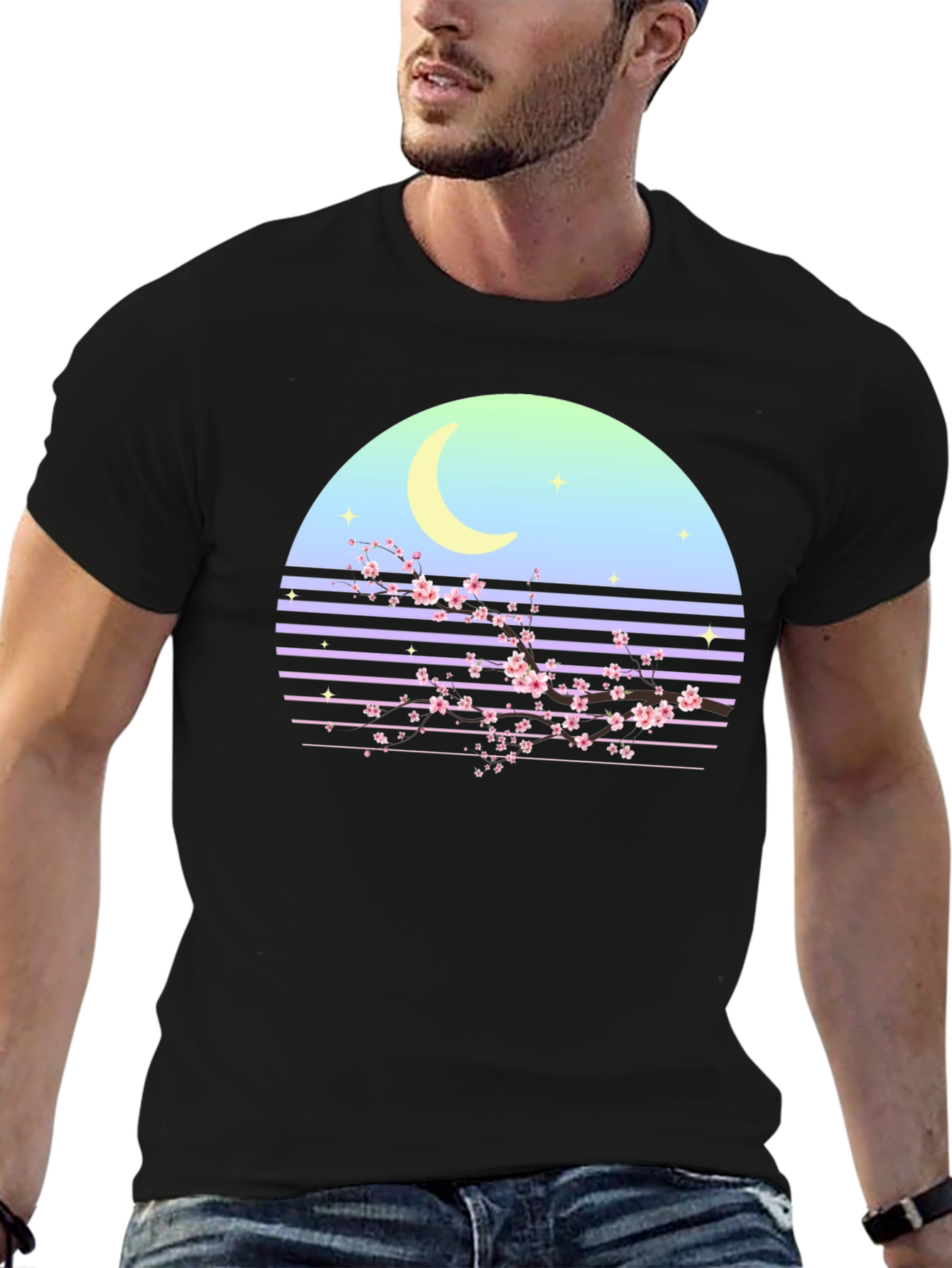 Retro Moon Cherry Blossom Graphic Tee