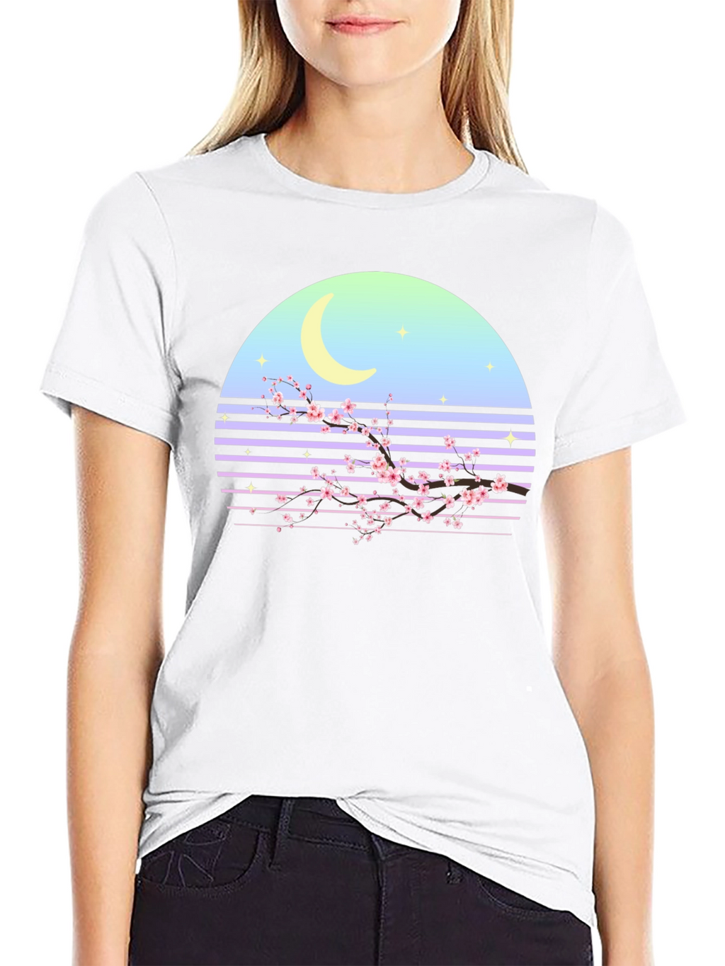 Retro Moon Cherry Blossom Graphic Tee