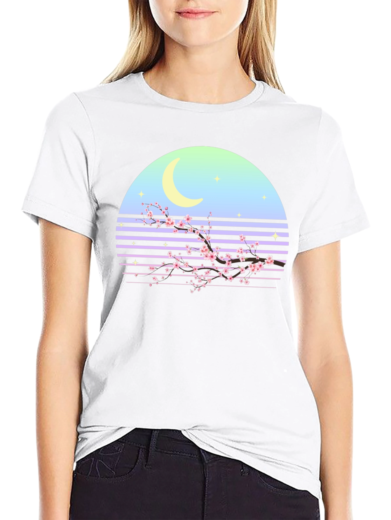 Retro Moon Cherry Blossom Graphic Tee