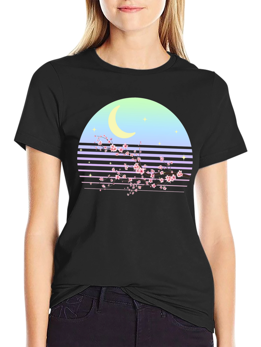 Retro Moon Cherry Blossom Graphic Tee