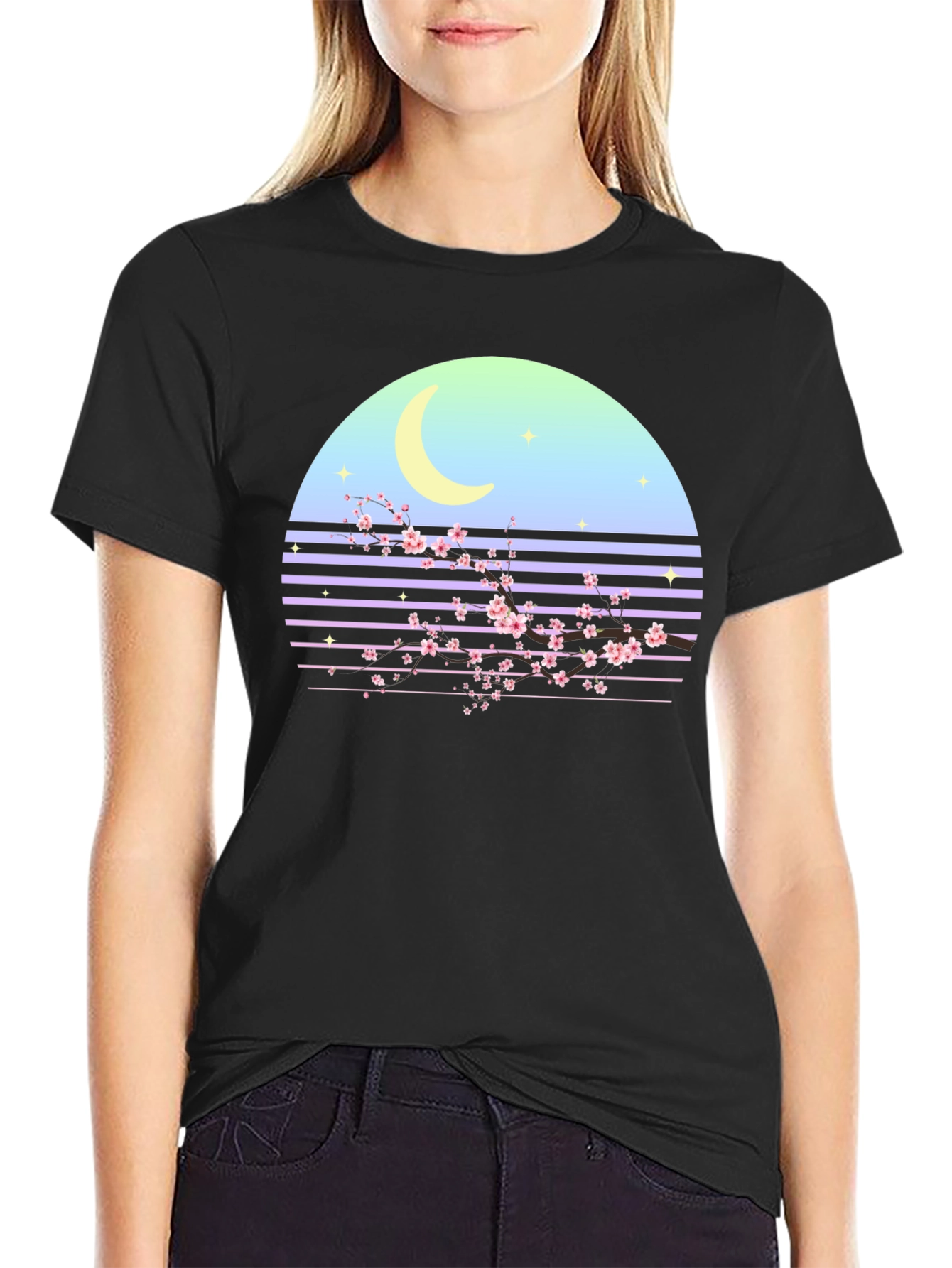 Retro Moon Cherry Blossom Graphic Tee