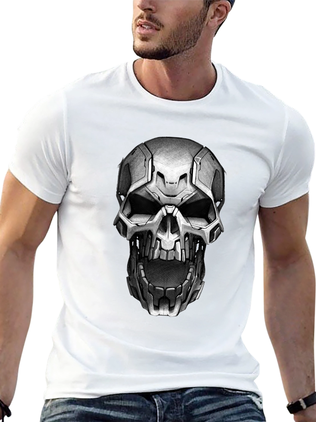 Cyber Skull Graphic Tee - Black Cotton