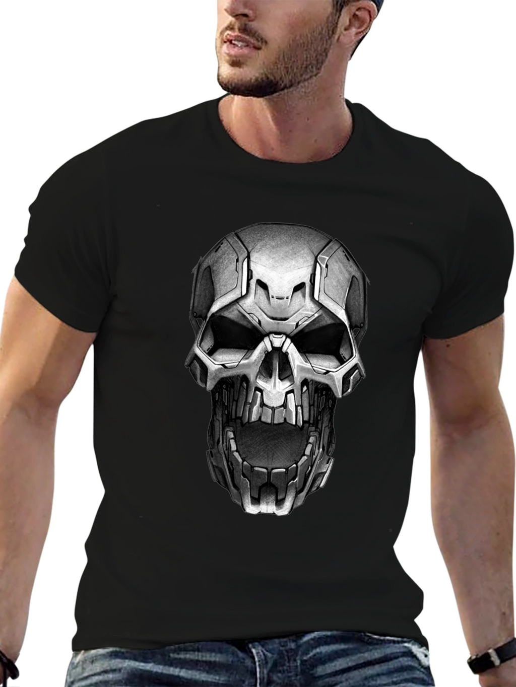 Cyber Skull Graphic Tee - Black Cotton
