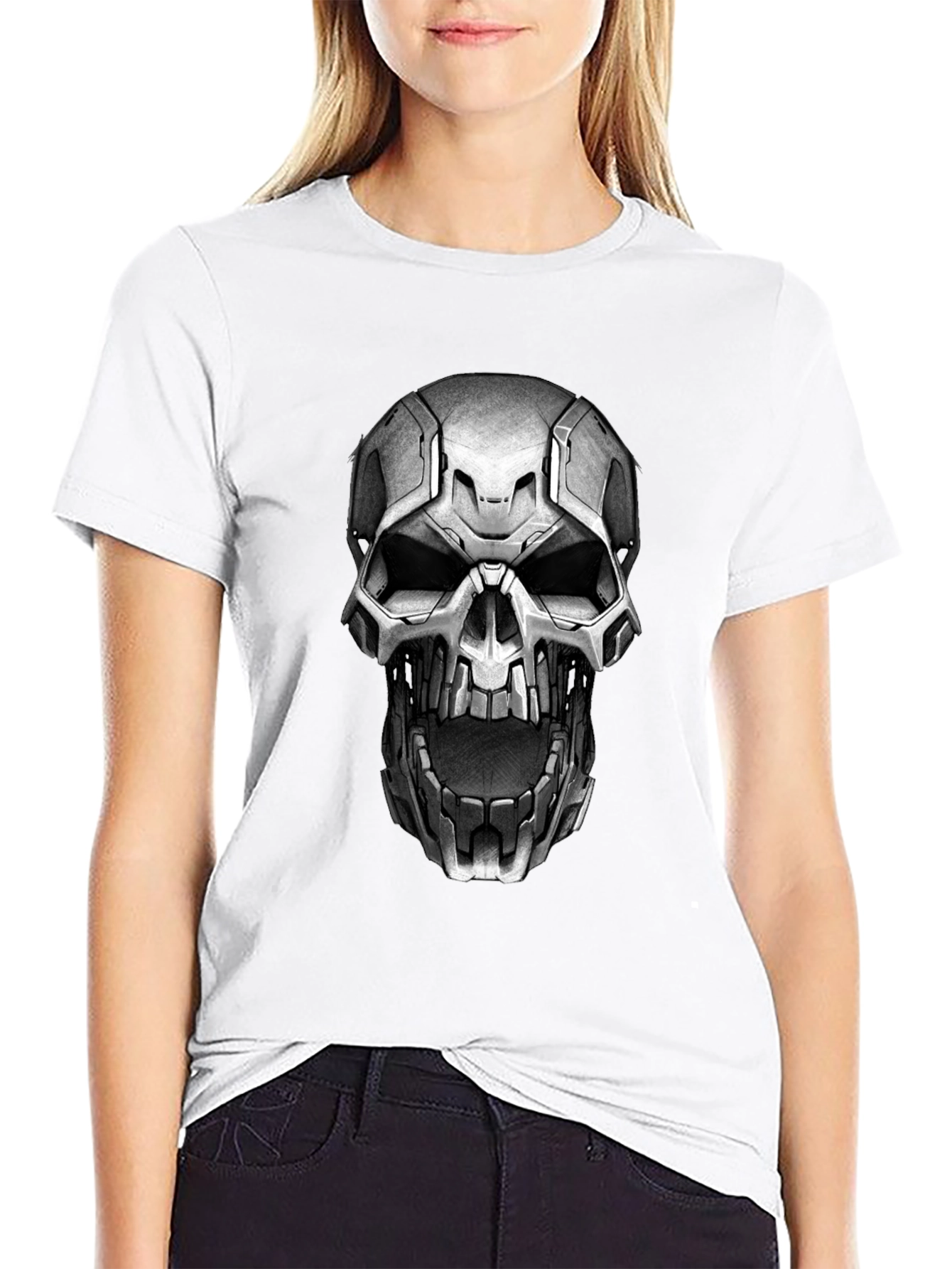 Cyber Skull Graphic Tee - Black Cotton