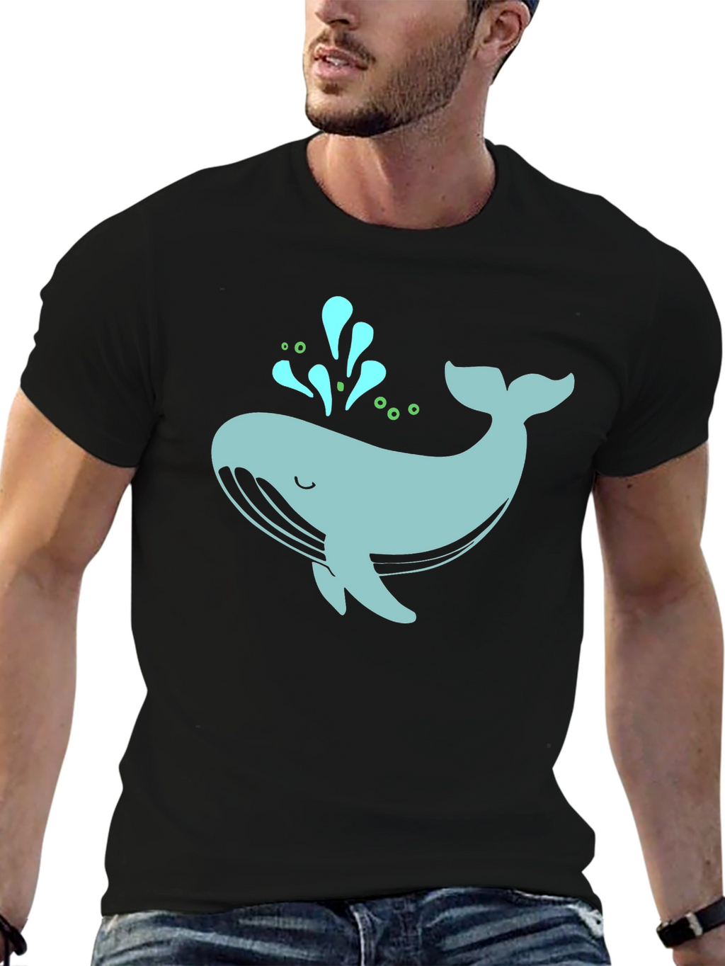 Cute Whale Graphic Tee - Black Cotton T-Shirt