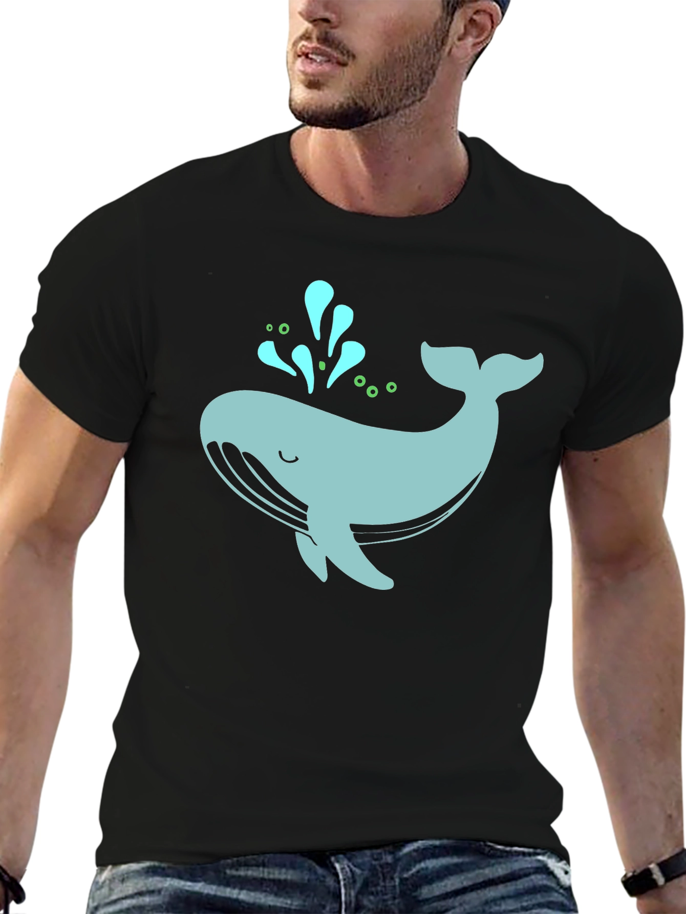 Cute Whale Graphic Tee - Black Cotton T-Shirt