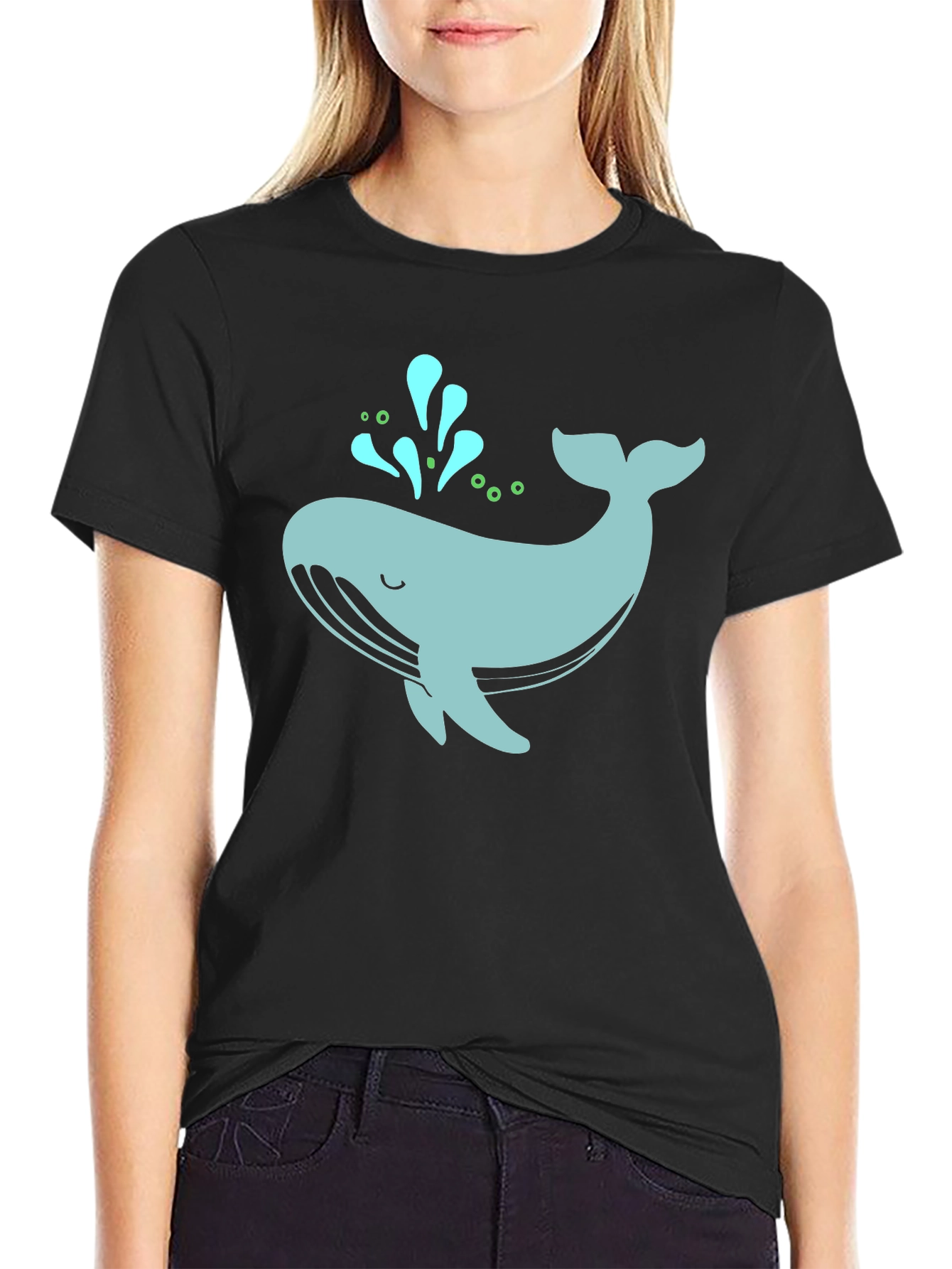 Cute Whale Graphic Tee - Black Cotton T-Shirt