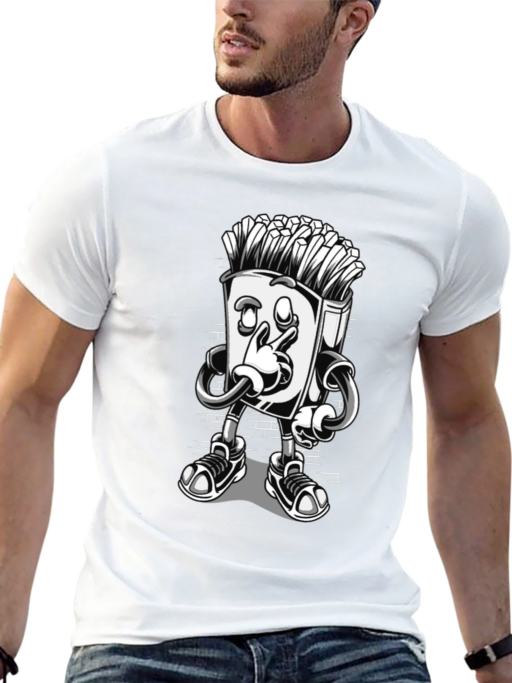 Cool Cartoon French Fries Black T-Shirt