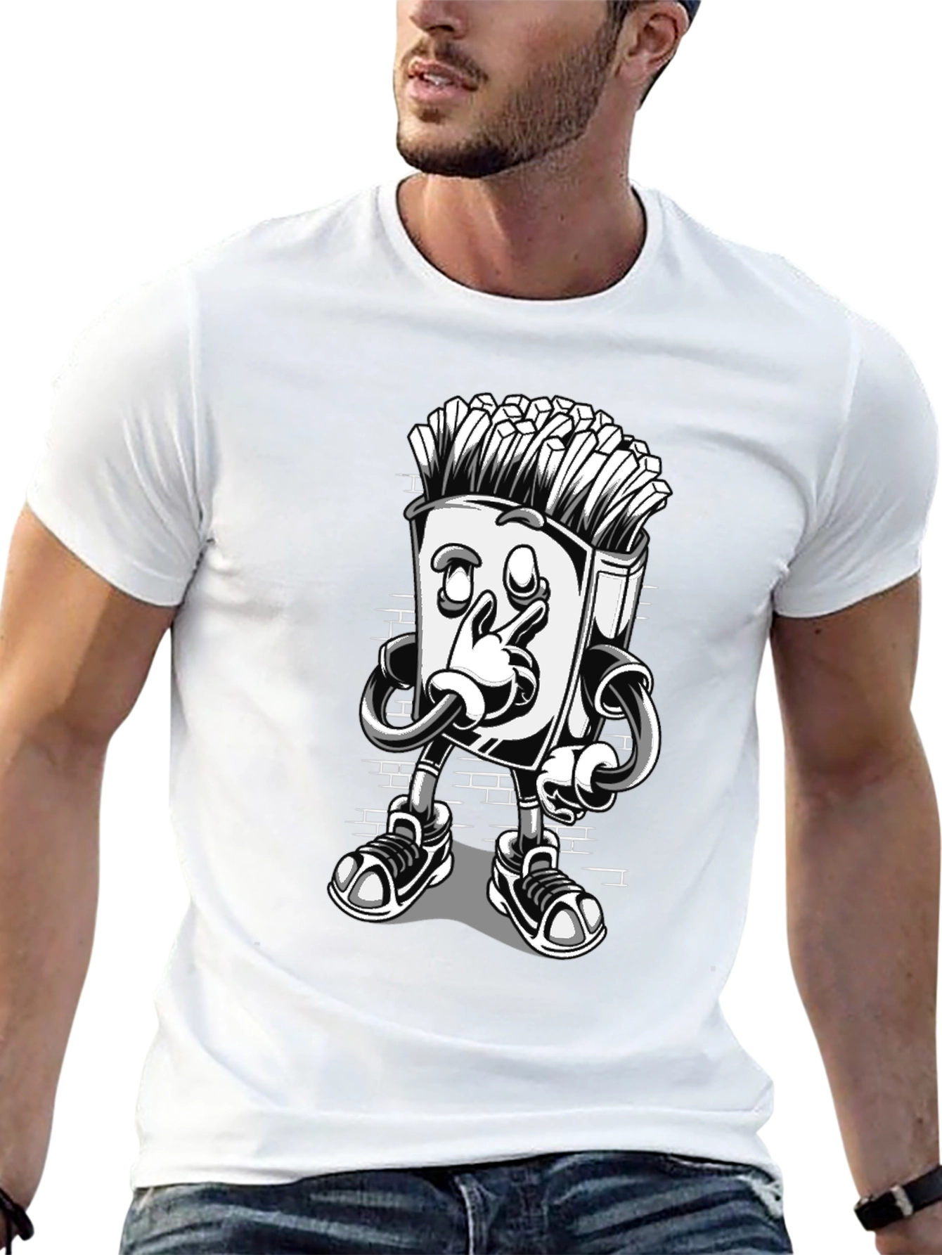 Cool Cartoon French Fries Black T-Shirt
