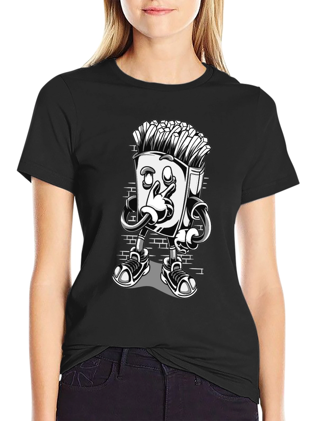 Cool Cartoon French Fries Black T-Shirt