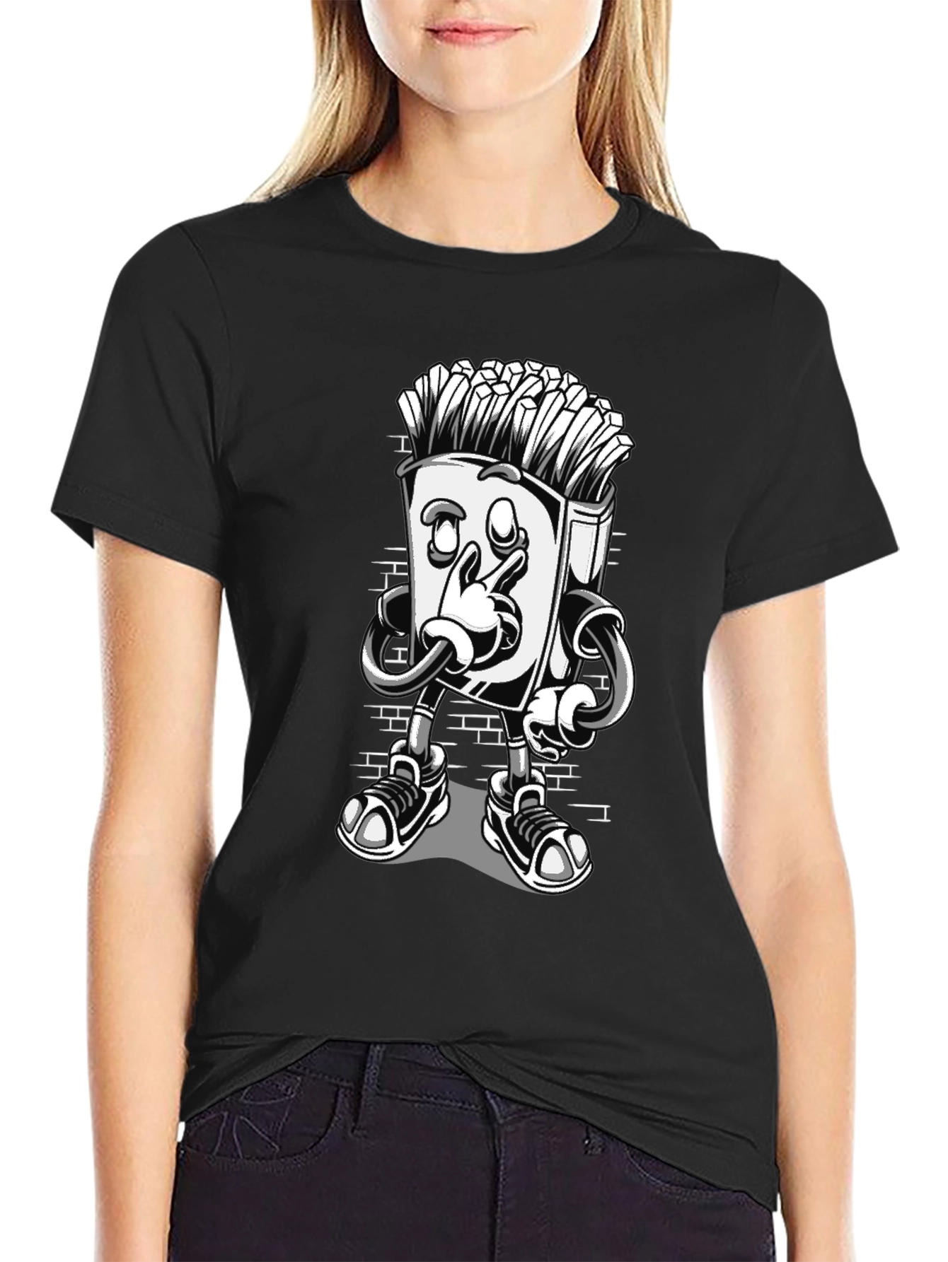 Cool Cartoon French Fries Black T-Shirt