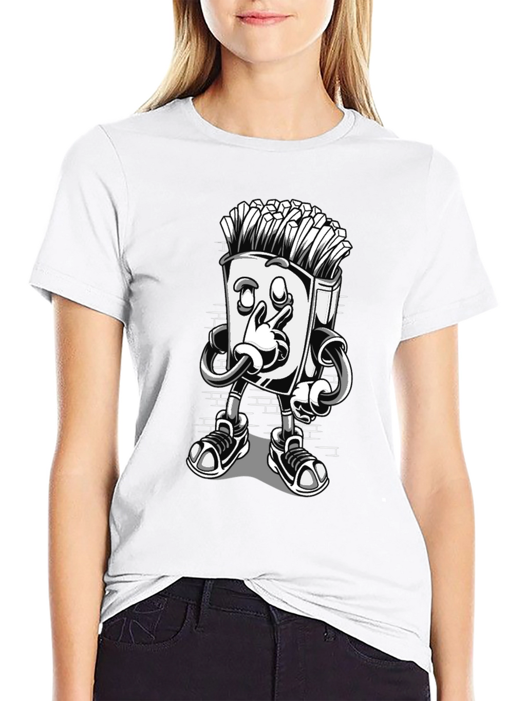Cool Cartoon French Fries Black T-Shirt