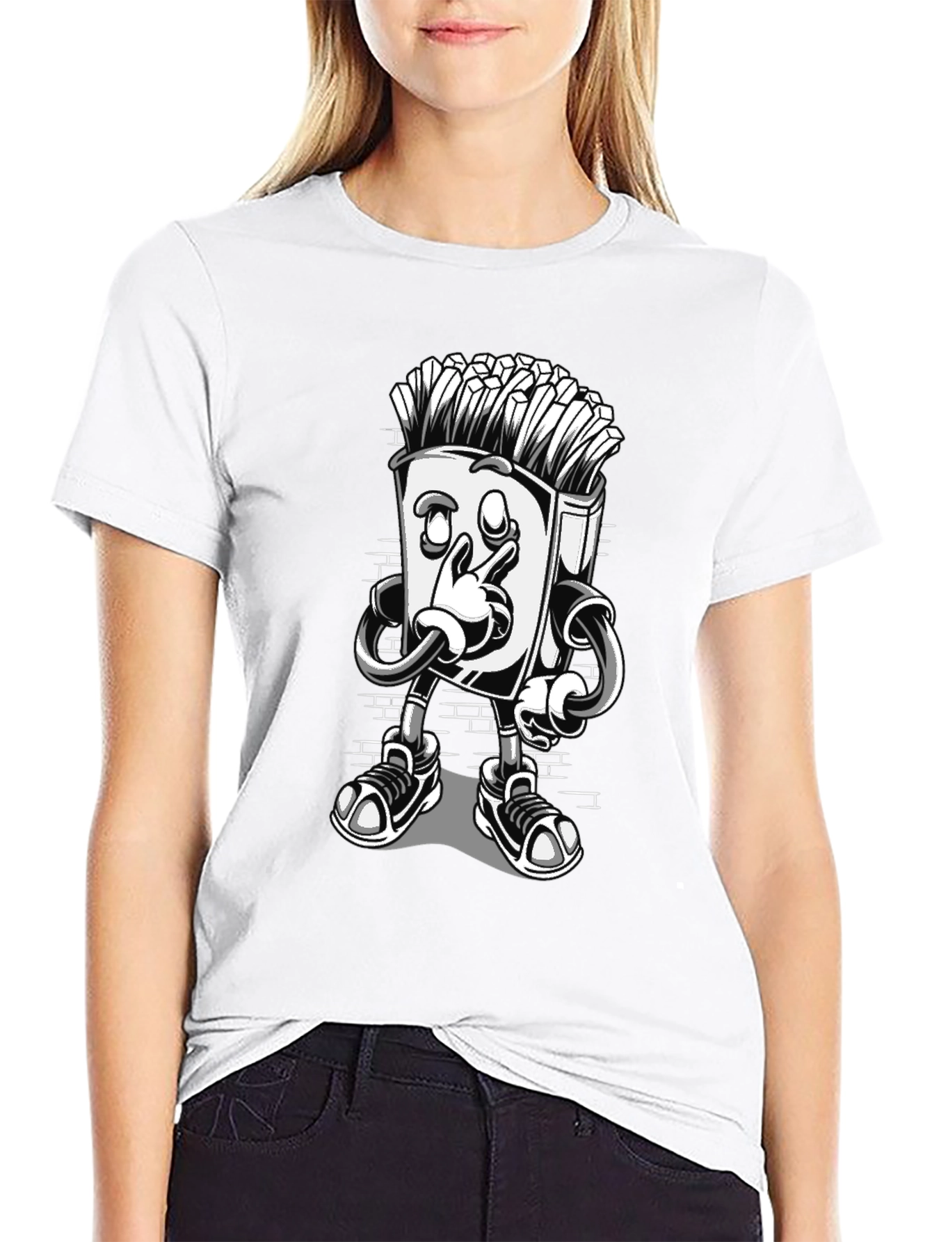 Cool Cartoon French Fries Black T-Shirt