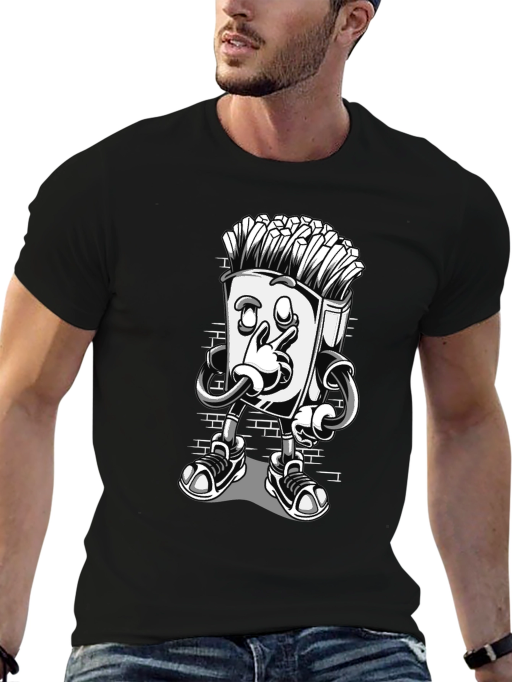 Cool Cartoon French Fries Black T-Shirt