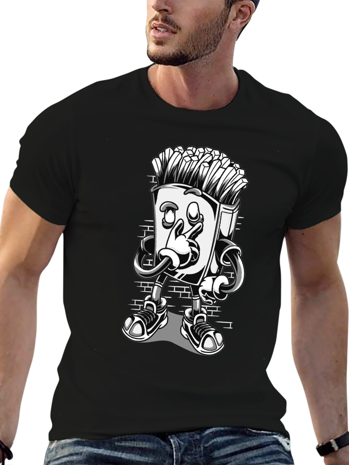 Cool Cartoon French Fries Black T-Shirt