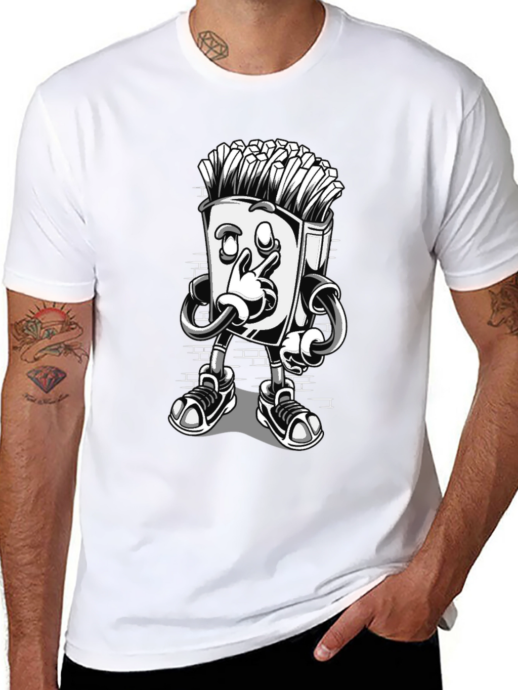 Cool Cartoon French Fries Black T-Shirt