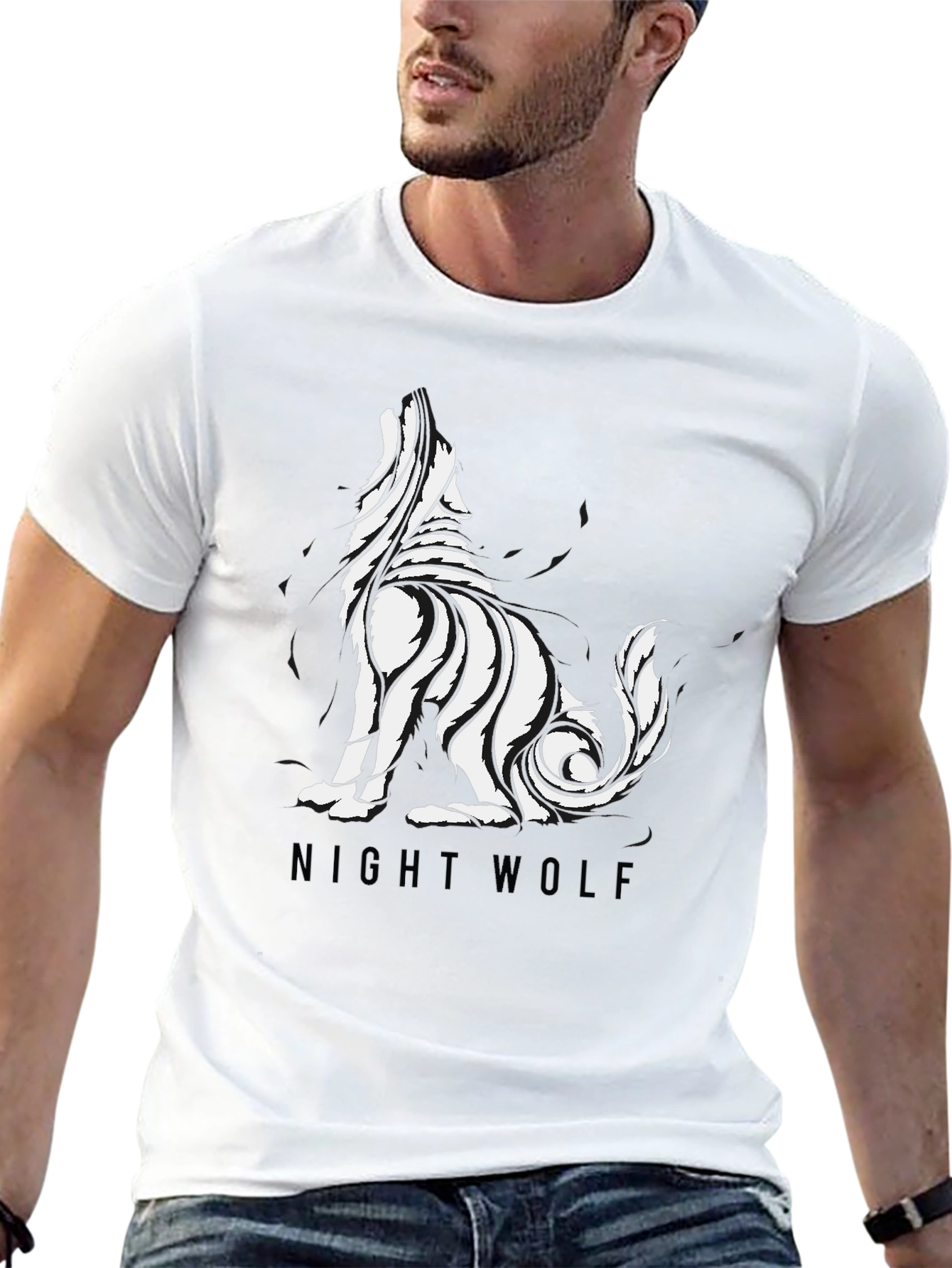 Mens Black Night Wolf Graphic Tee
