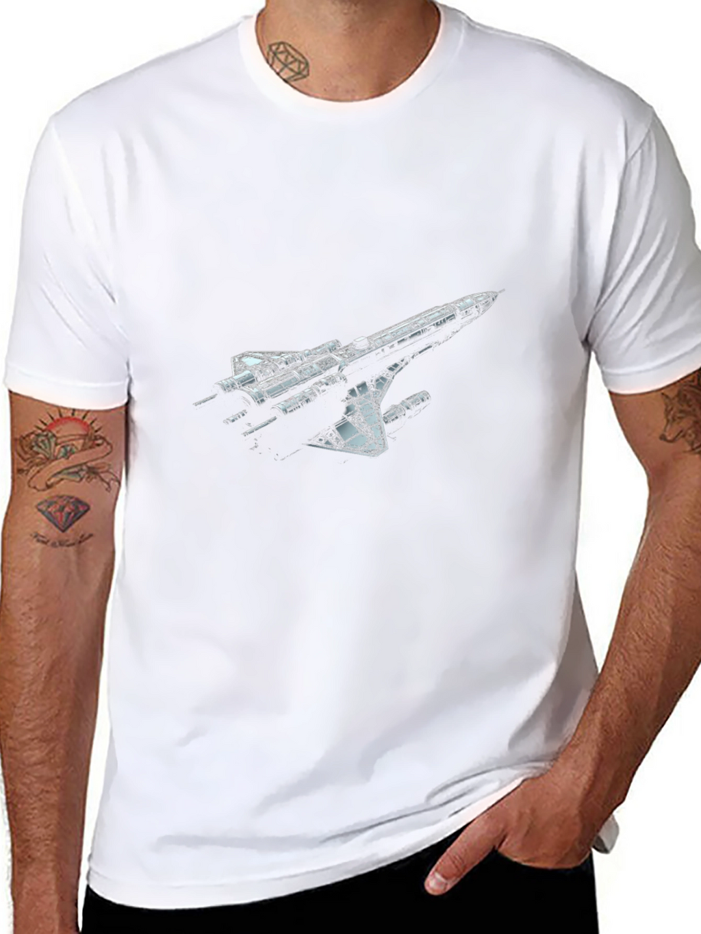 Sci-Fi Spaceship Graphic T-Shirt - Black Crew Neck Tee