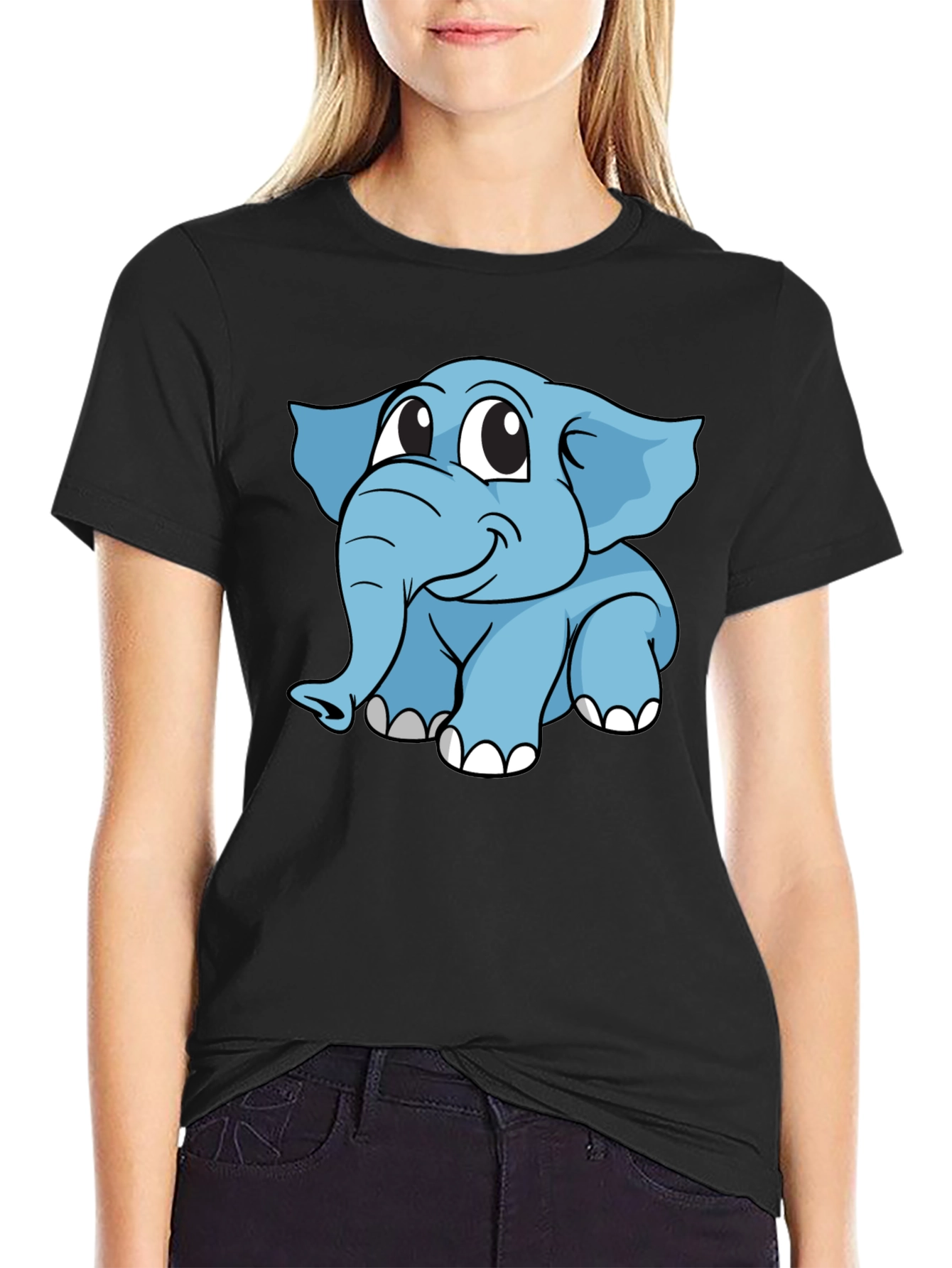 Cute Elephant Cartoon Black T-Shirt