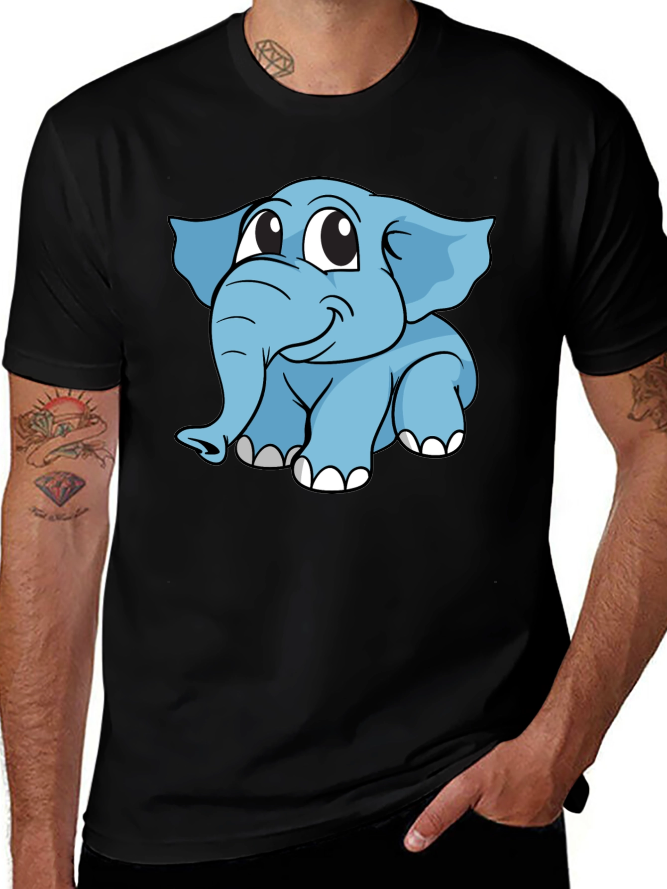 Cute Elephant Cartoon Black T-Shirt