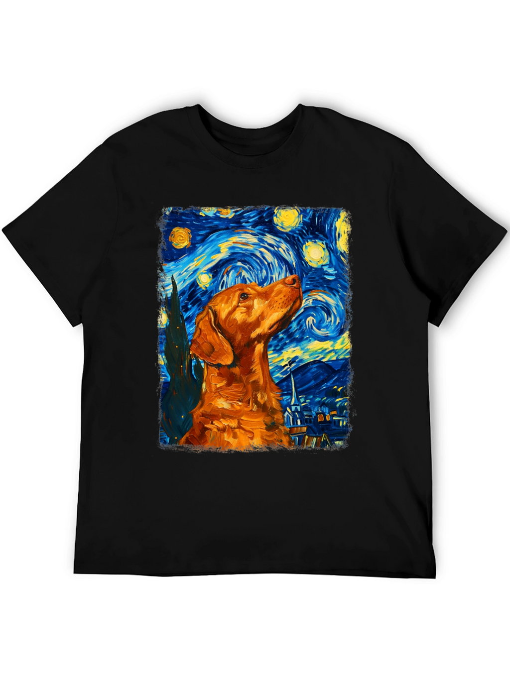 Starry Night Dog Graphic Tee - Artistic Black T-Shirt