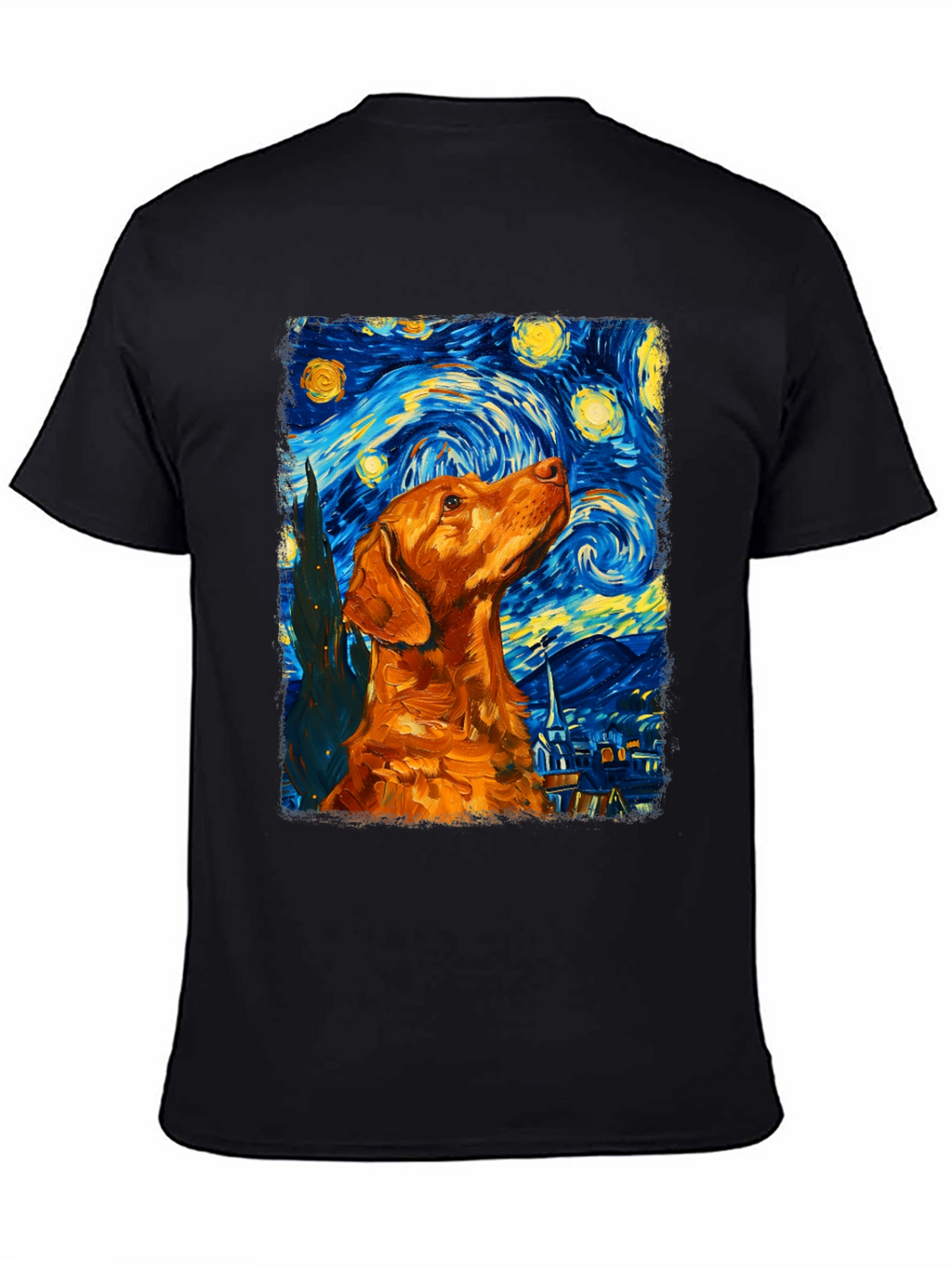 Starry Night Dog Graphic Tee - Artistic Black T-Shirt