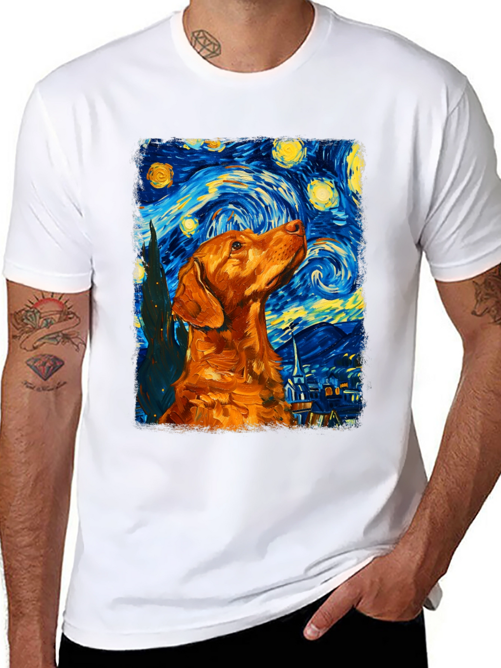 Starry Night Dog Graphic Tee - Artistic Black T-Shirt