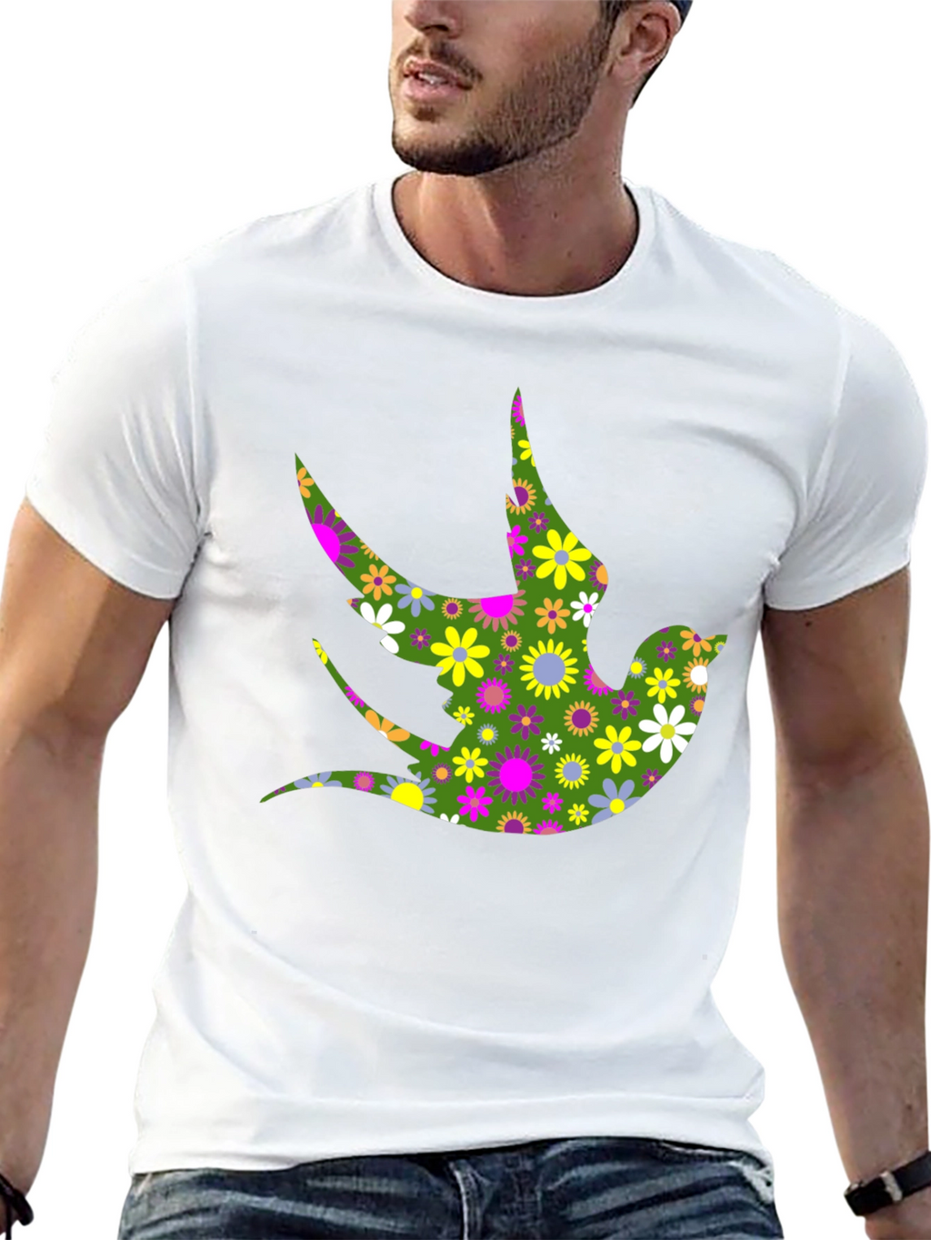 Floral Bird Print Black T-Shirt