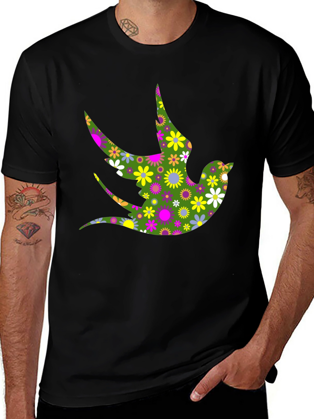 Floral Bird Print Black T-Shirt