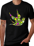 Floral Bird Print Black T-Shirt