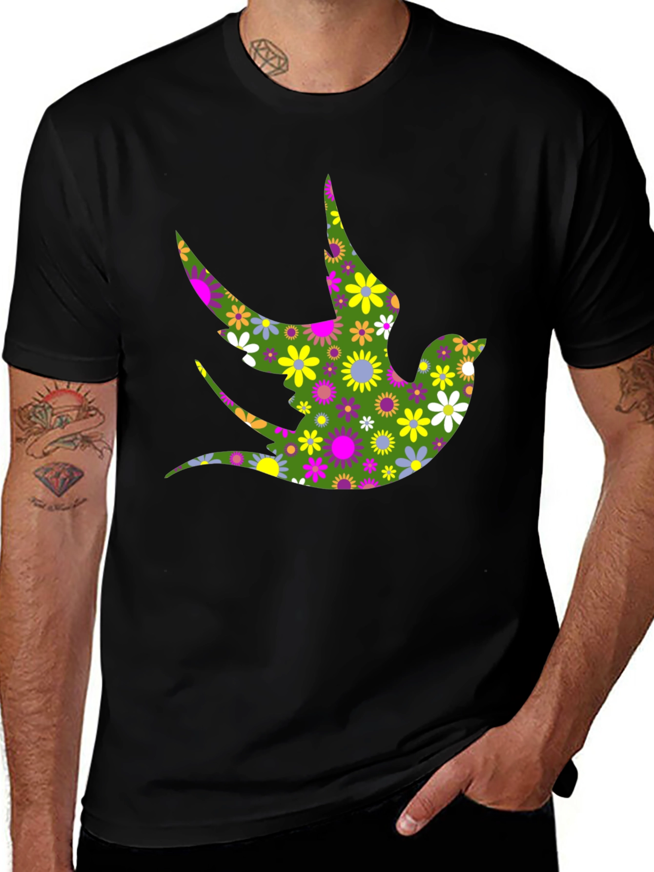 Floral Bird Print Black T-Shirt