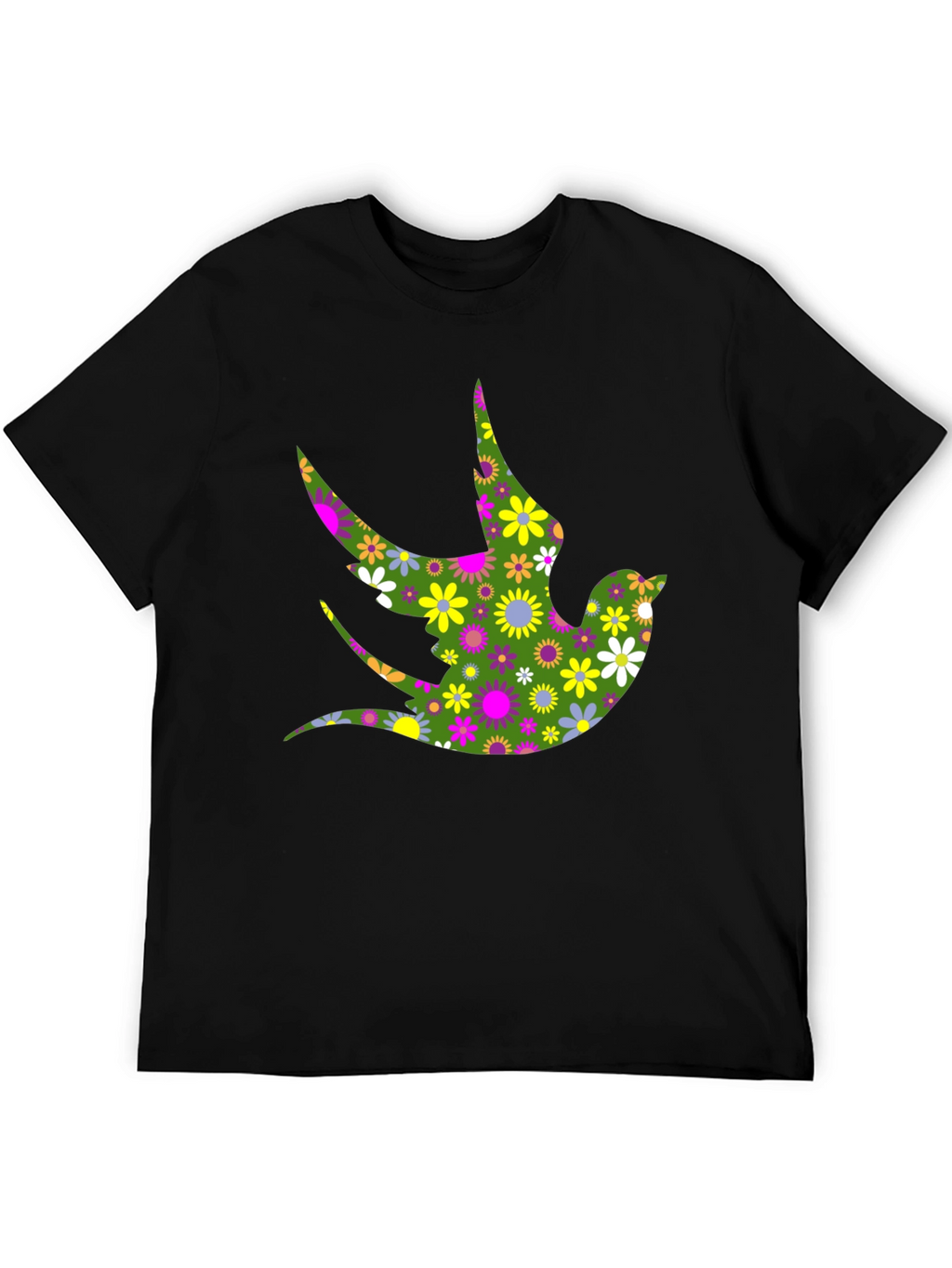 Floral Bird Print Black T-Shirt