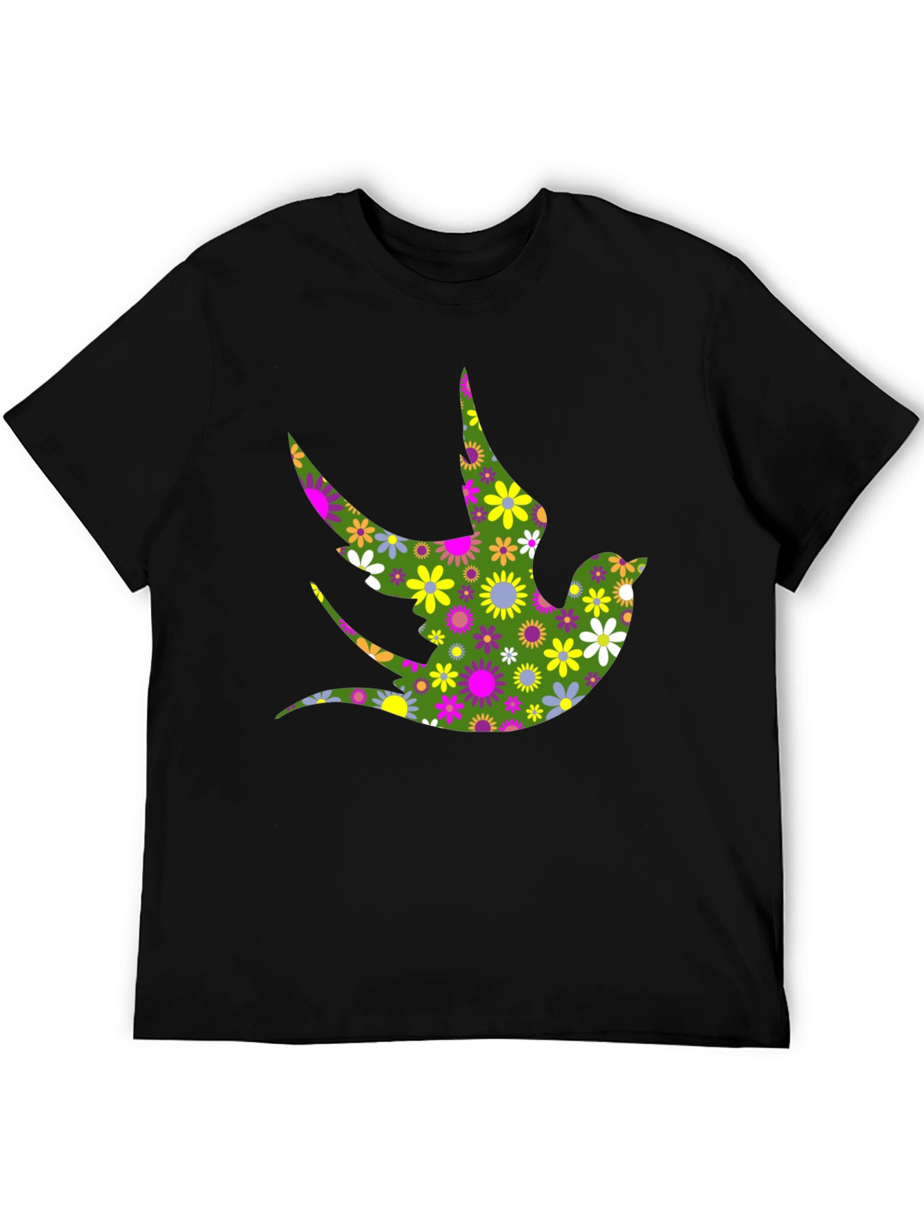 Floral Bird Print Black T-Shirt