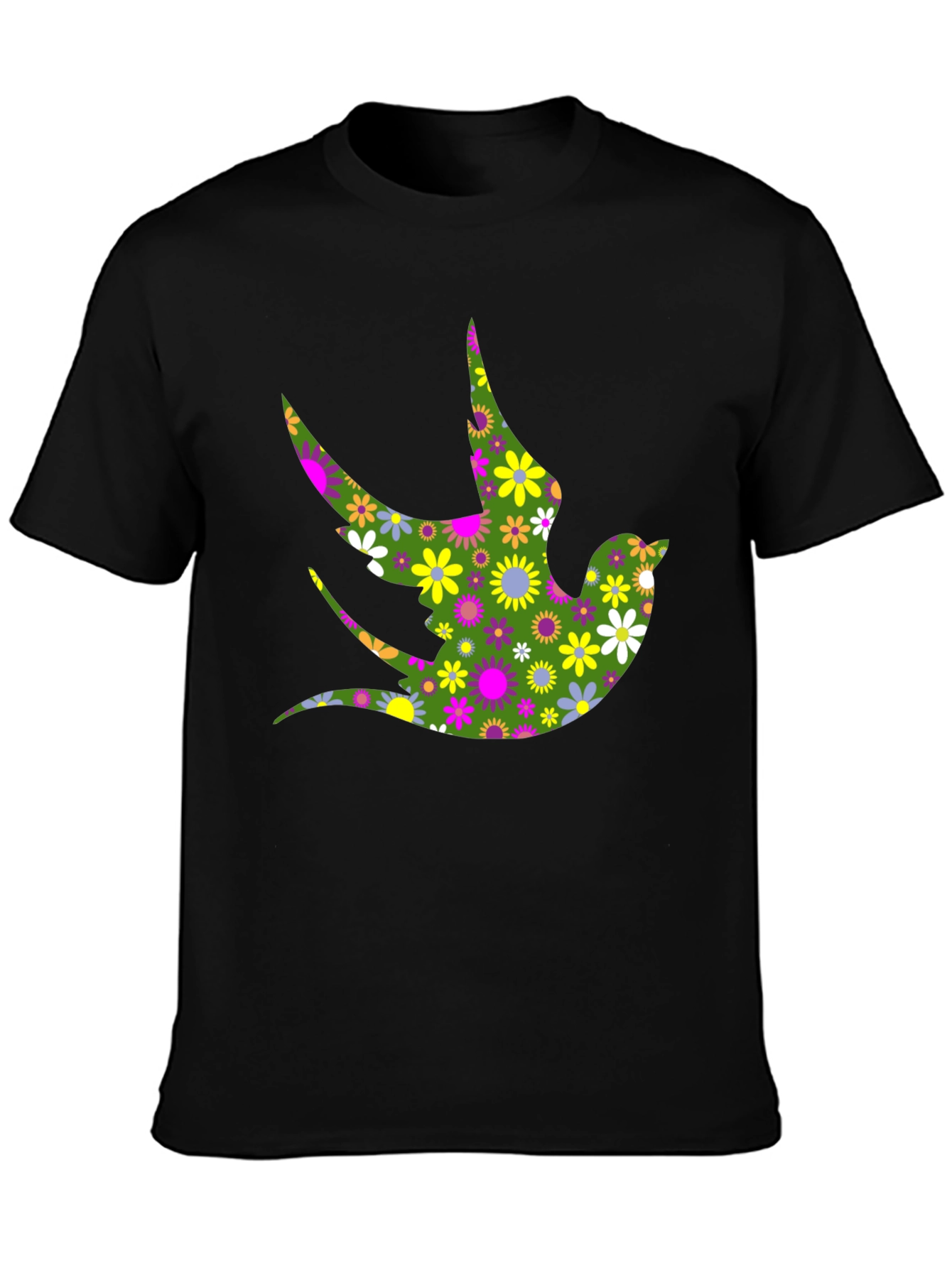 Floral Bird Print Black T-Shirt