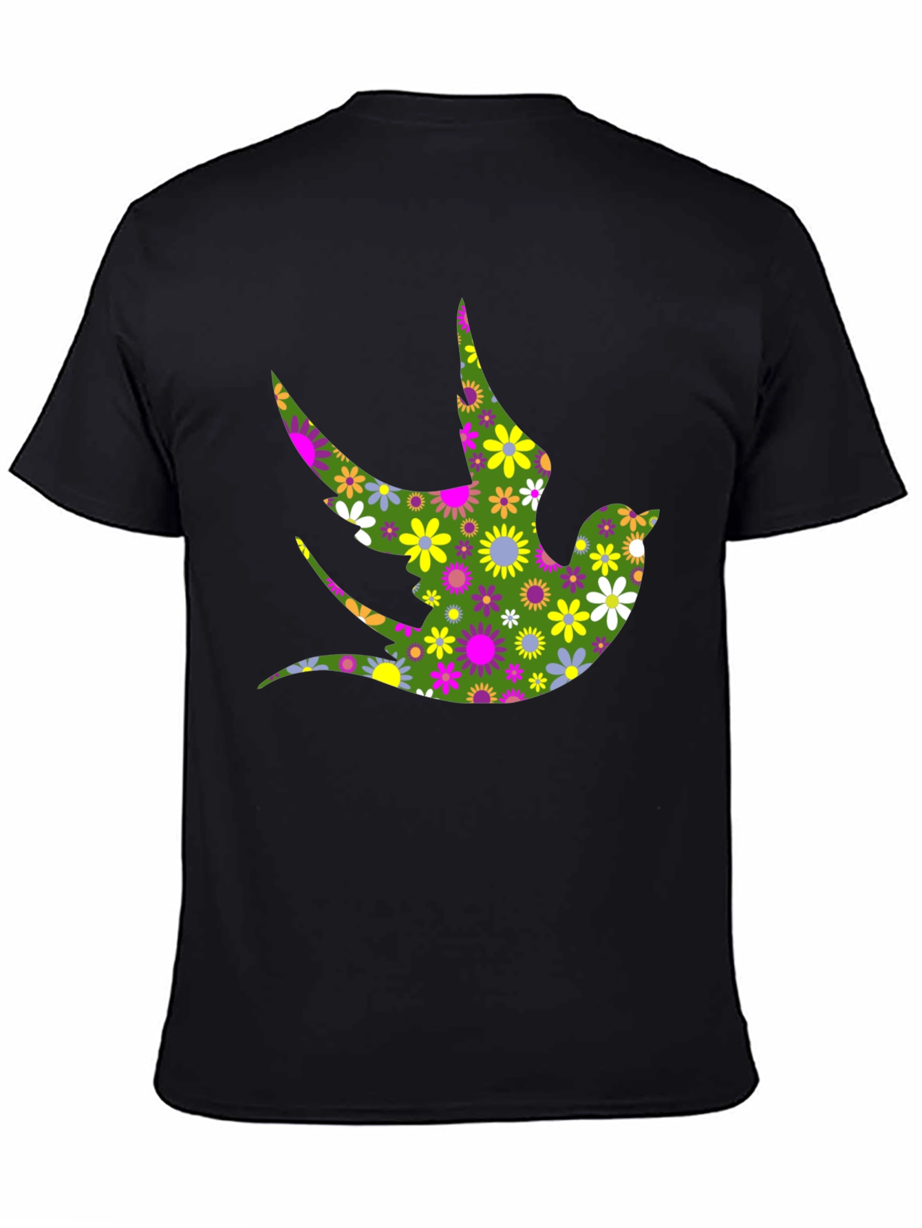 Floral Bird Print Black T-Shirt