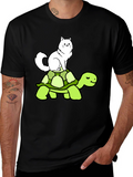 Cat Riding Turtle T-Shirt - Funny Animal Graphic Tee