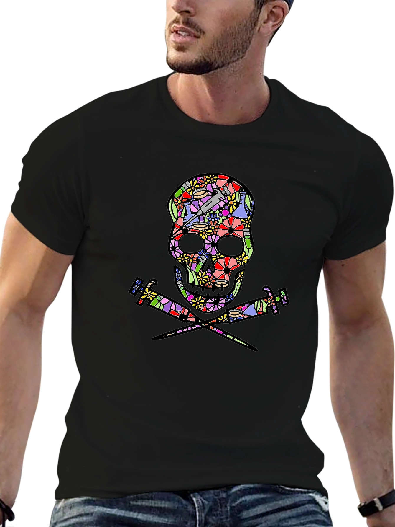 Floral Skull & Syringe T-Shirt