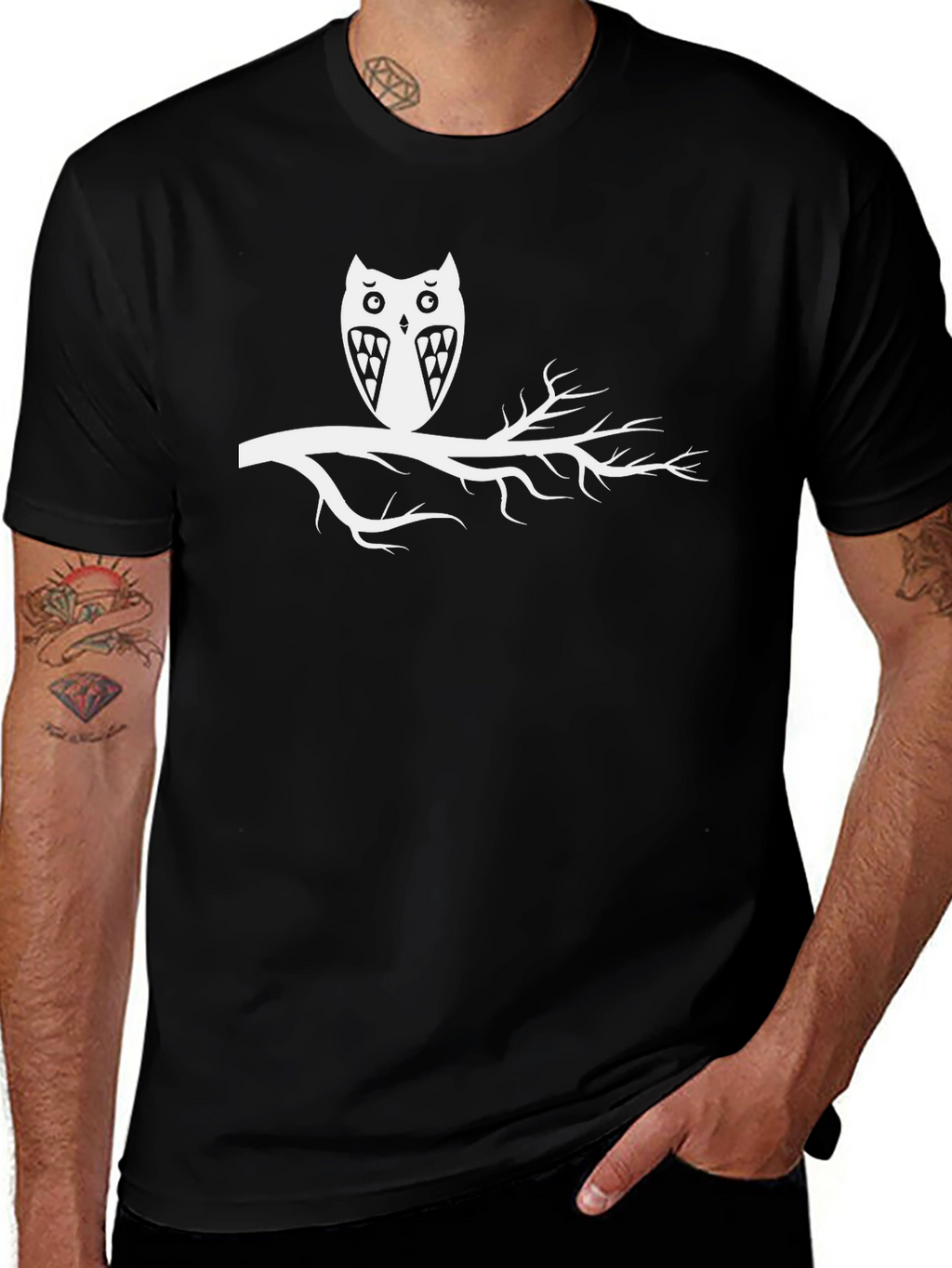 Owl on Branch Black T-Shirt