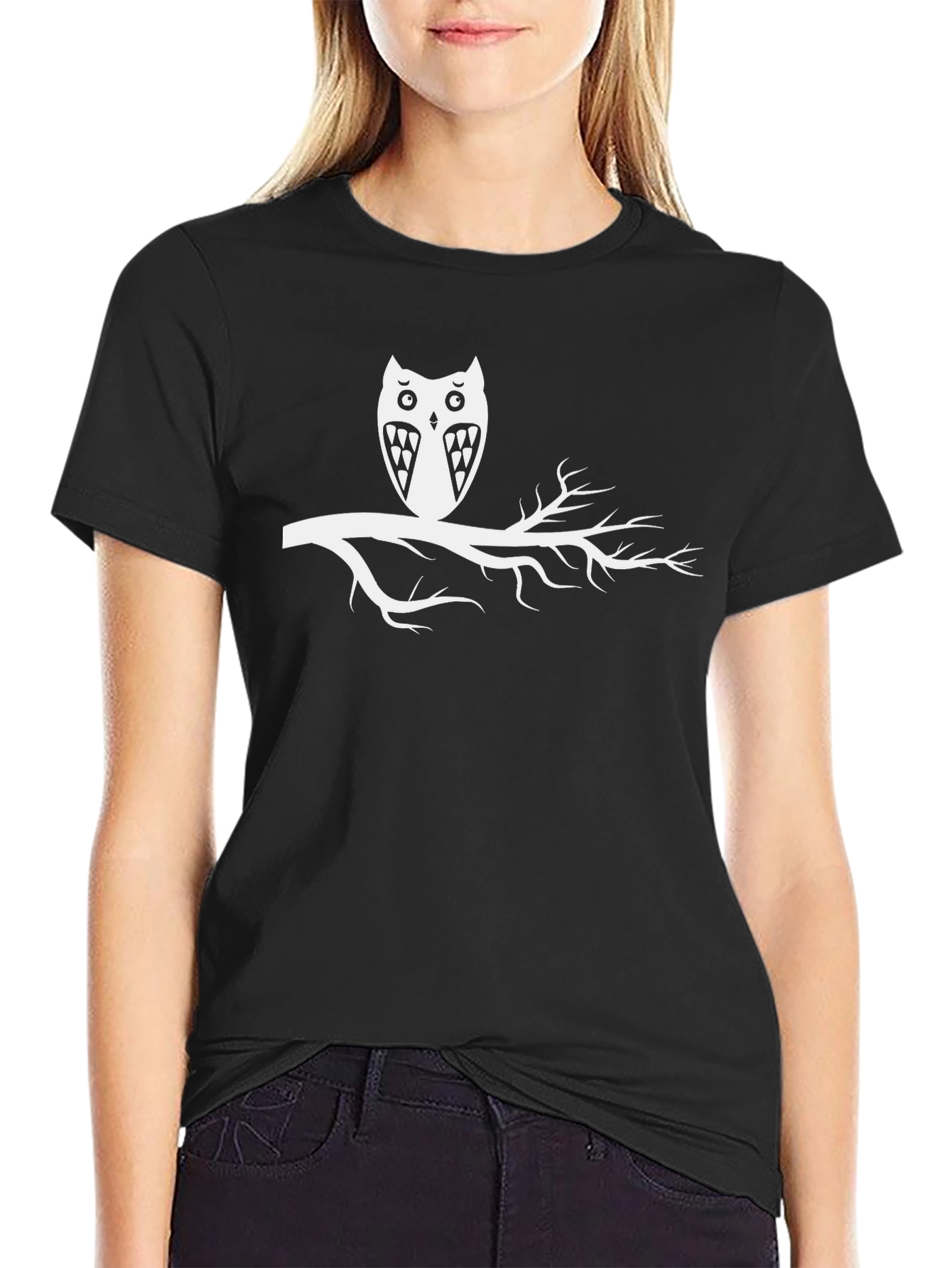 Owl on Branch Black T-Shirt