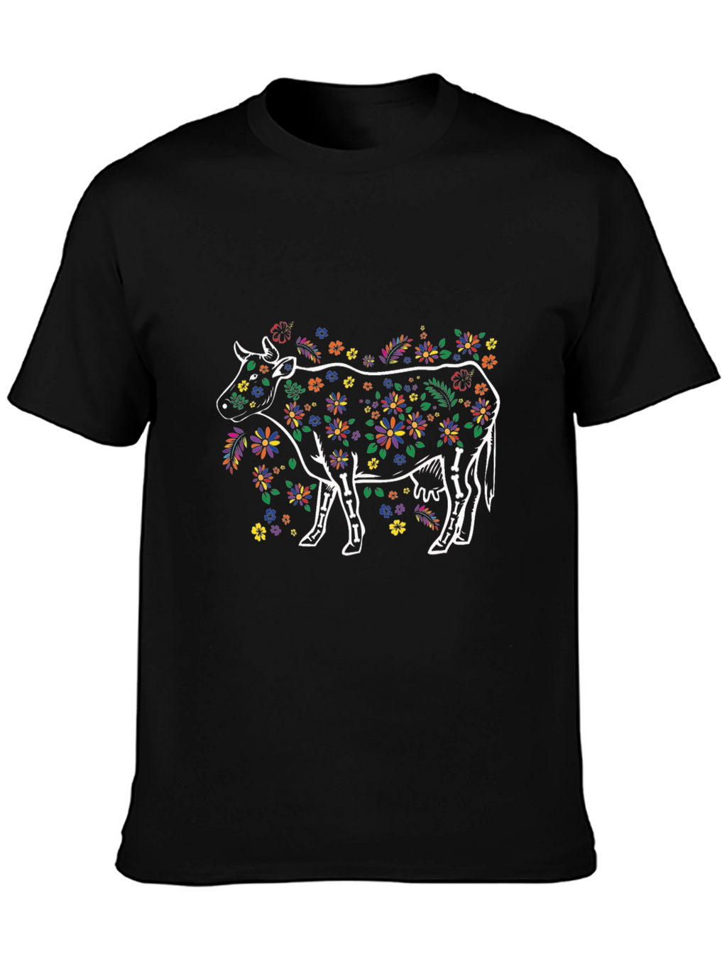 Floral Cow Graphic Print Black T-Shirt