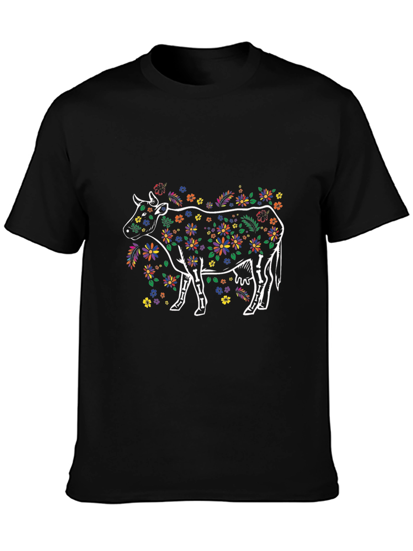 Floral Cow Graphic Print Black T-Shirt