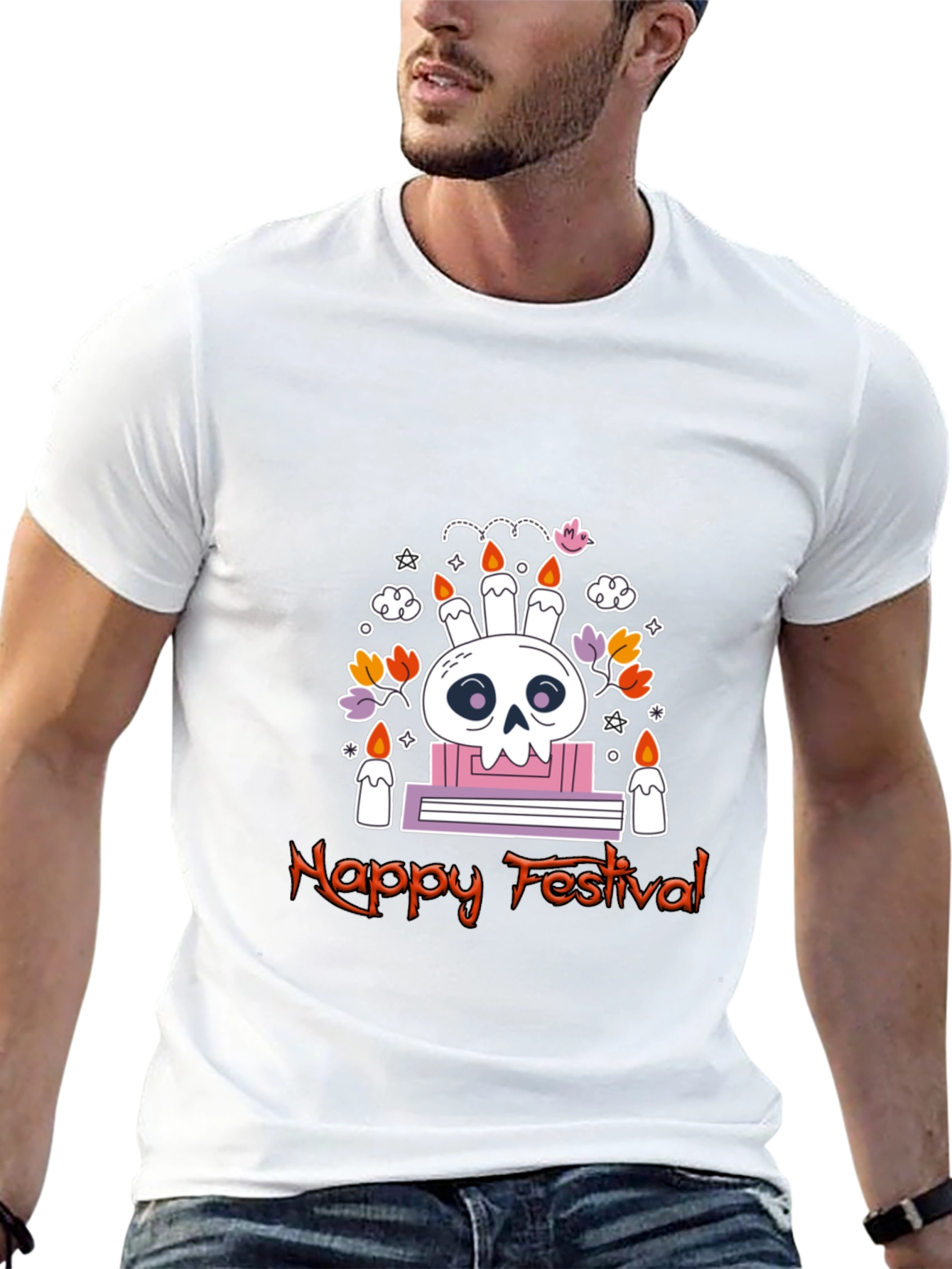 Happy Festival Skull Graphic Tee - Black Cotton
