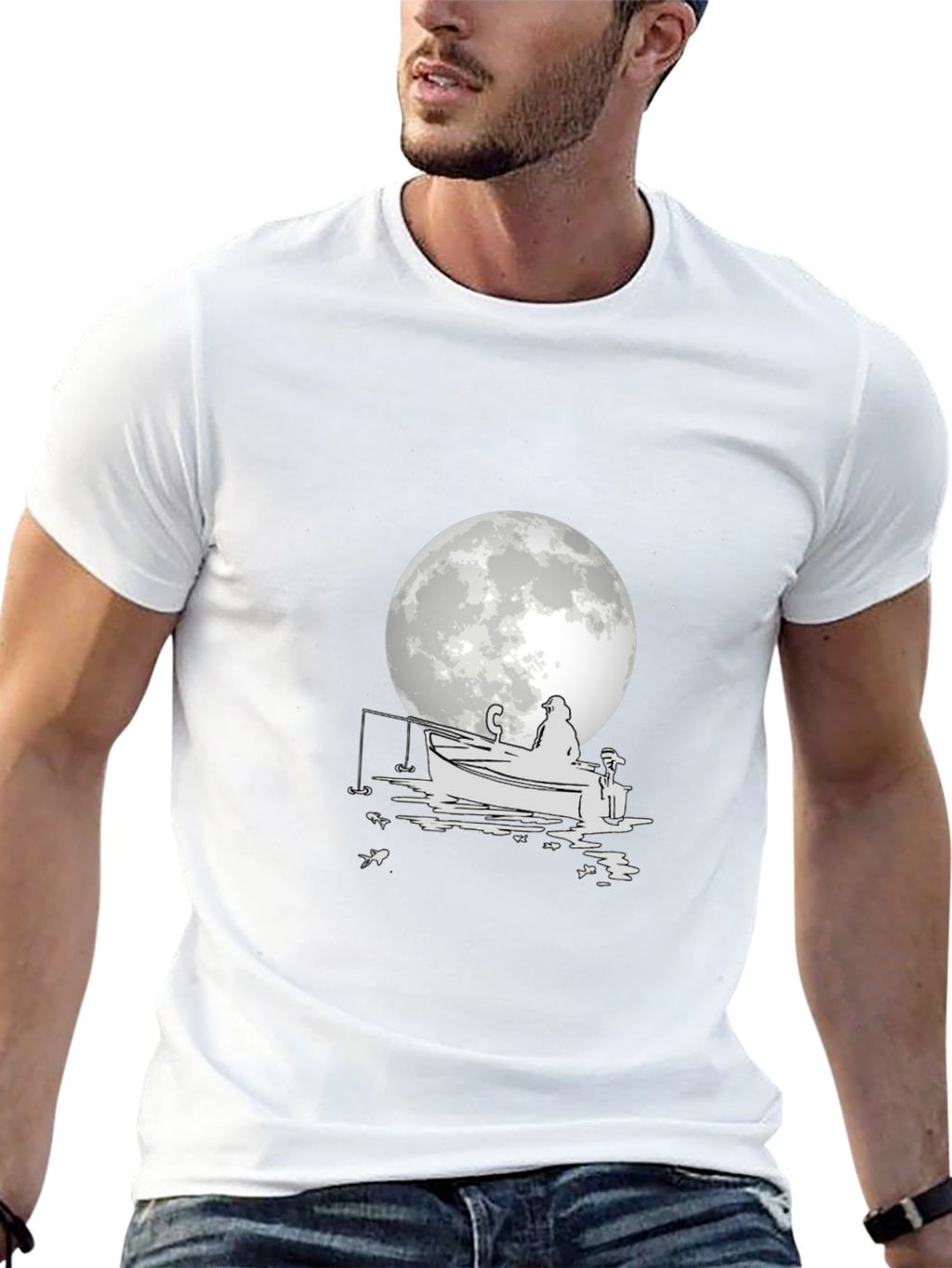 Fisherman on Boat T-Shirt - Moonlit Design