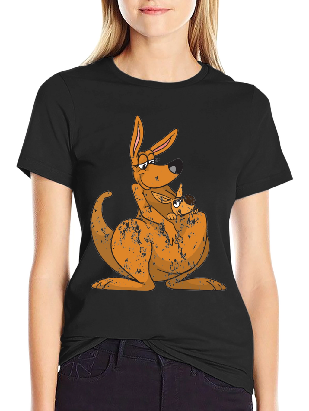 Kangaroo Mama and Baby Black T-Shirt