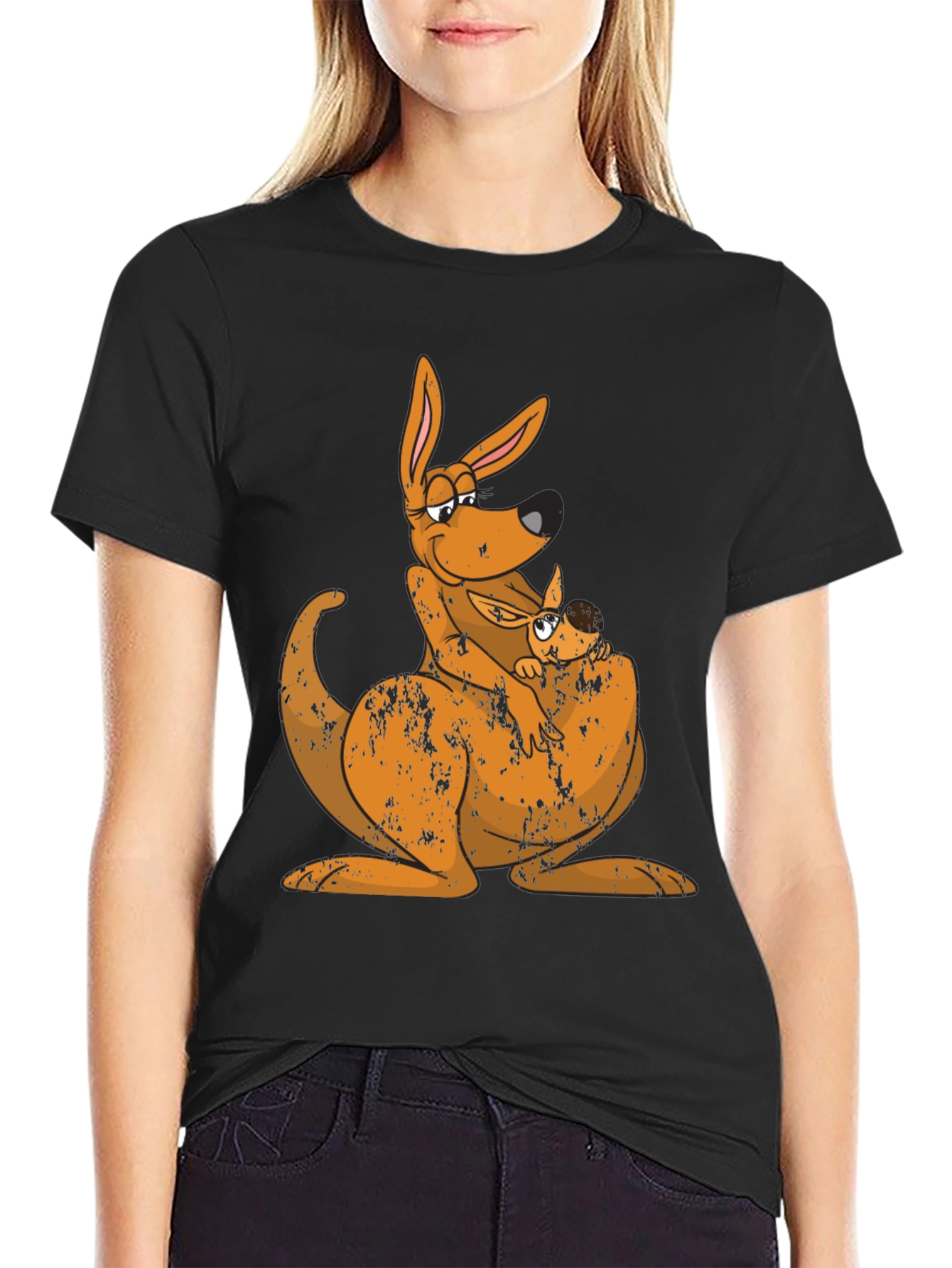 Kangaroo Mama and Baby Black T-Shirt