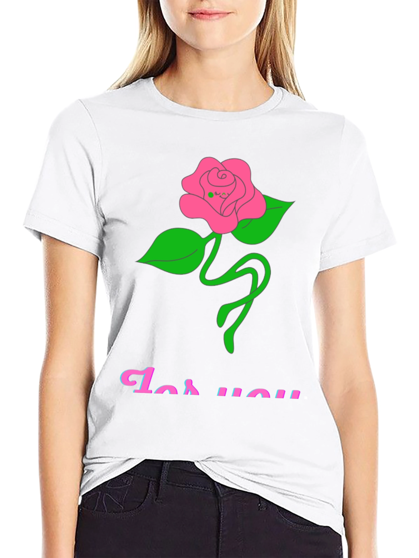 Black T-Shirt with Rose For You Graphic