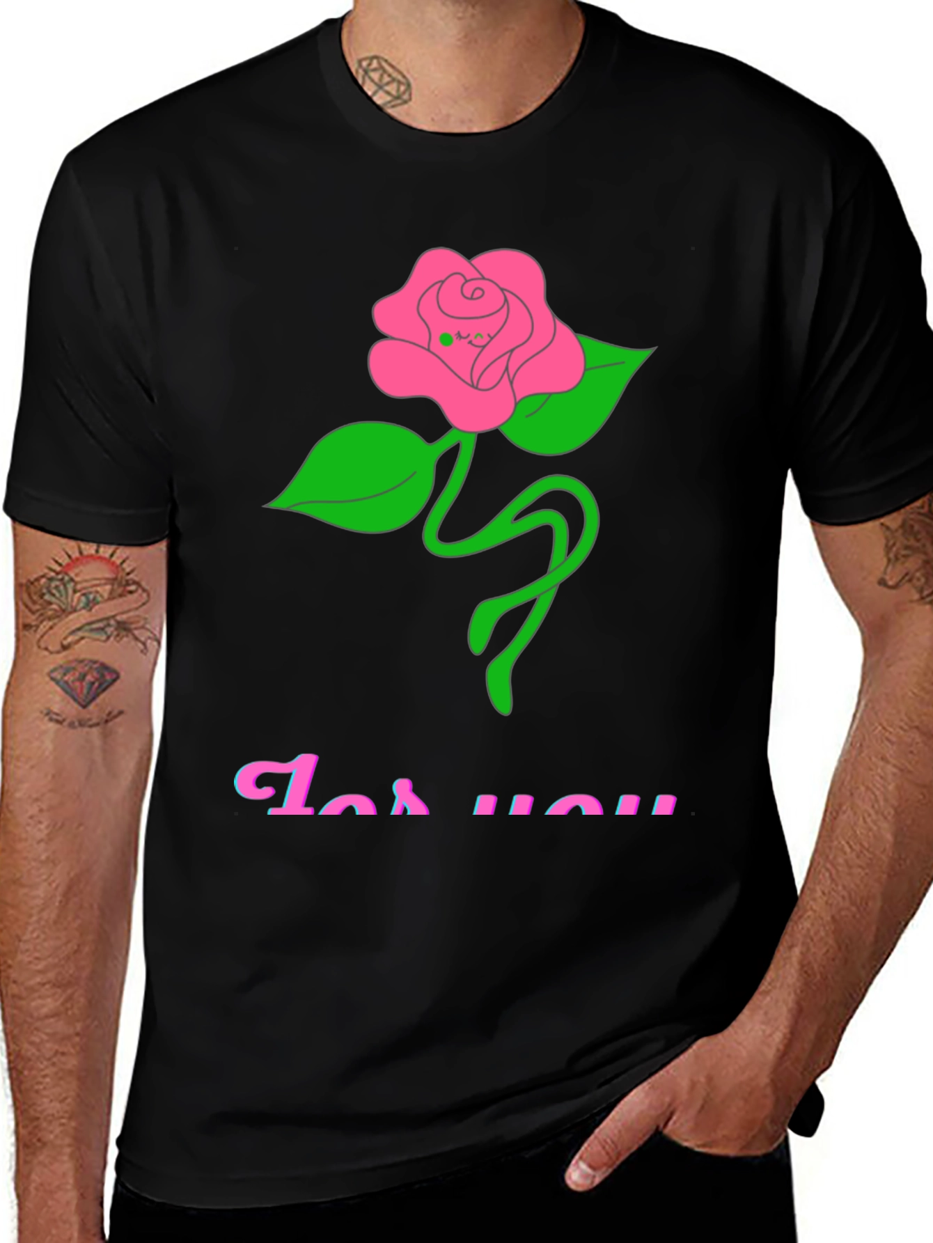 Black T-Shirt with Rose For You Graphic